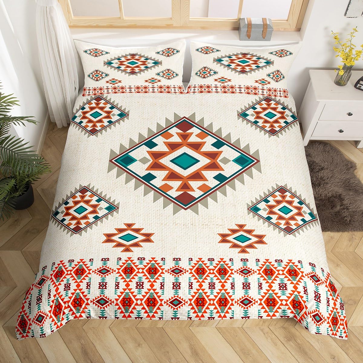 Manfei Boys Multi 05 Ethnic Geometric Duvet Cover Set King Size, American Indian Style Bedding Set 3Pcs For Kids Girls Room Decor, Navajo Tribal Style Comforter Cover Abstract Quilt Cover With 2 Pillowcases