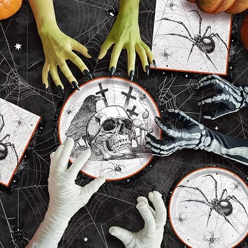 Miniatura 3 de Suministros para fiesta de Halloween con temática de calavera y araña, platos de papel y servilletas de tela malvada todo incluido. Ideal para