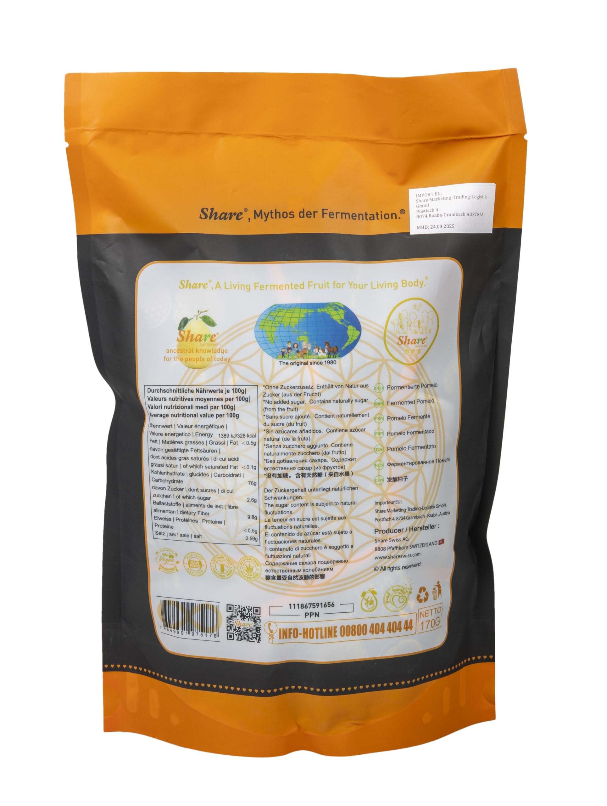 Share Pomelozzini 170g | Pomelo original fermentado de forma natural, duración de la fermentación de al menos 30 meses, pomelo fermentado, Share Swiss AG