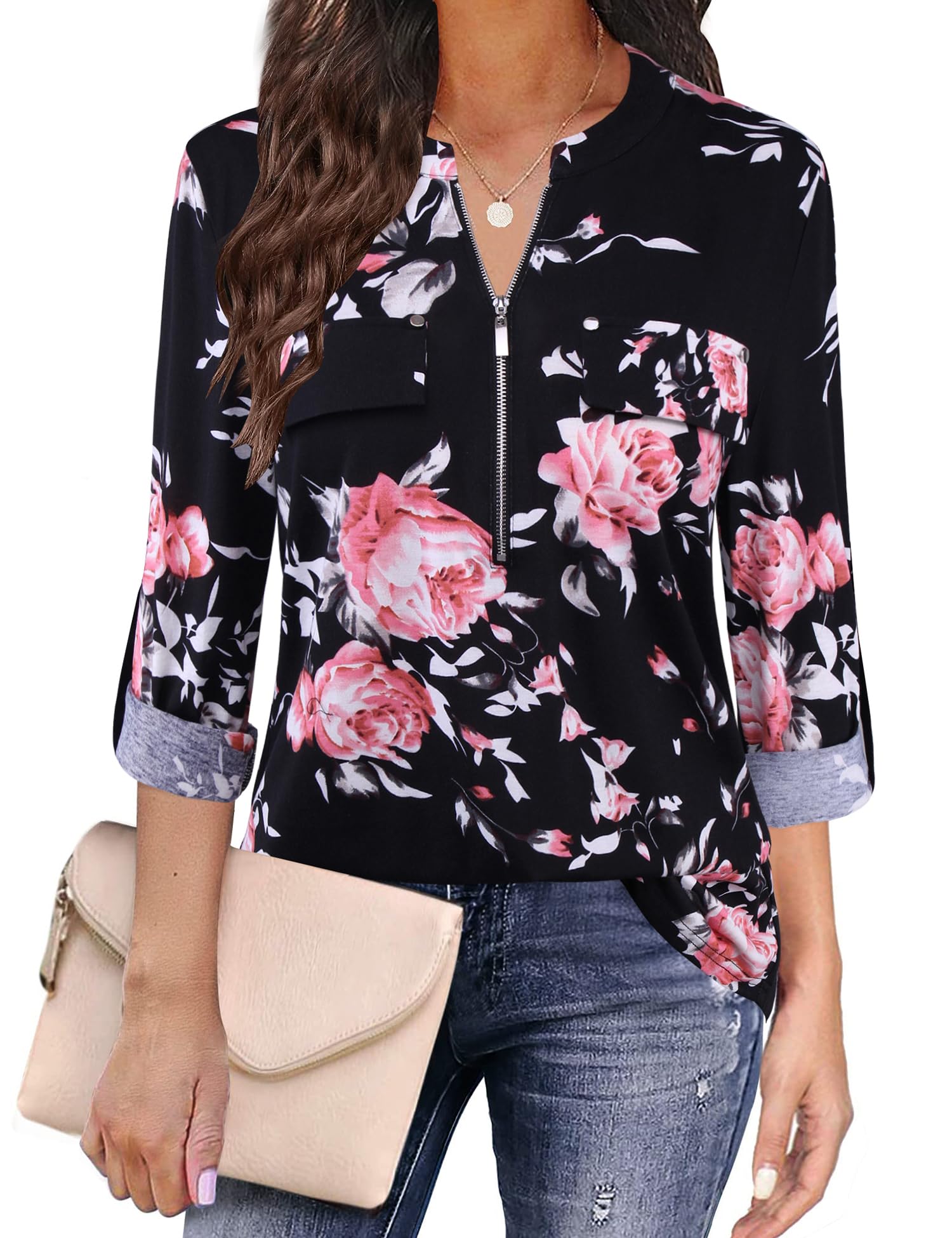 Siddhe Damen V-Ausschnitt Bluse 3/4 Ärmel Tunika mit Reißverschluss Elegant Longbluse Lange Shirt Casual Langarm Top Shirt Oberteil