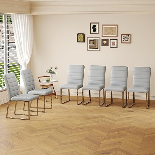 Miniatura 15 de Juego de 4 sillas de comedor modernas, sillas de cocina de piel sintética gris, sillas de comedor tapizadas sin brazos con patas mentales plateadas,