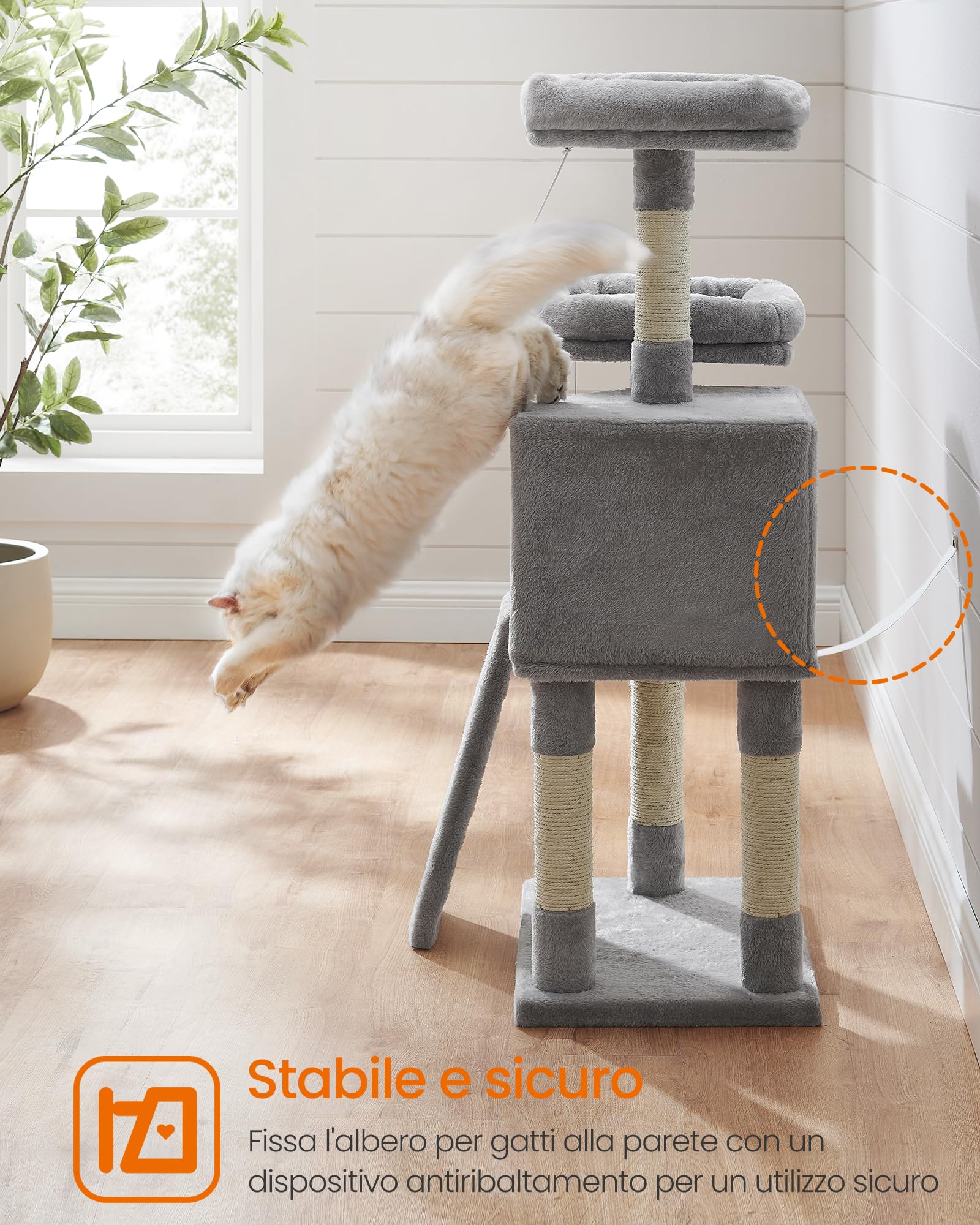 Feandrea Albero per Gatti, Casetta da 115cm, Tiragraffi, Grigio Chiaro PCT141W01V1