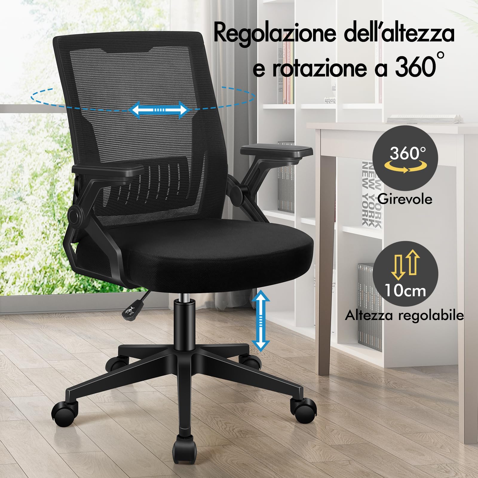 ALFORDSON Sedia Ufficio con Braccioli Pieghevoli de Case Nera | Poltrona Scrivania Girevoli in Rete Serie CONRAD, Funzione di Inclinazione, Portata 150 kg, Altezza regolabile