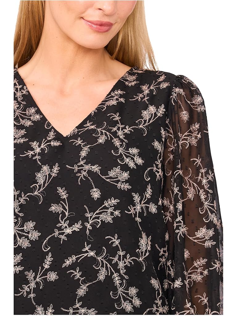 Black CeCe Long Sleeve Smocked Cuff Clip Dot Top
