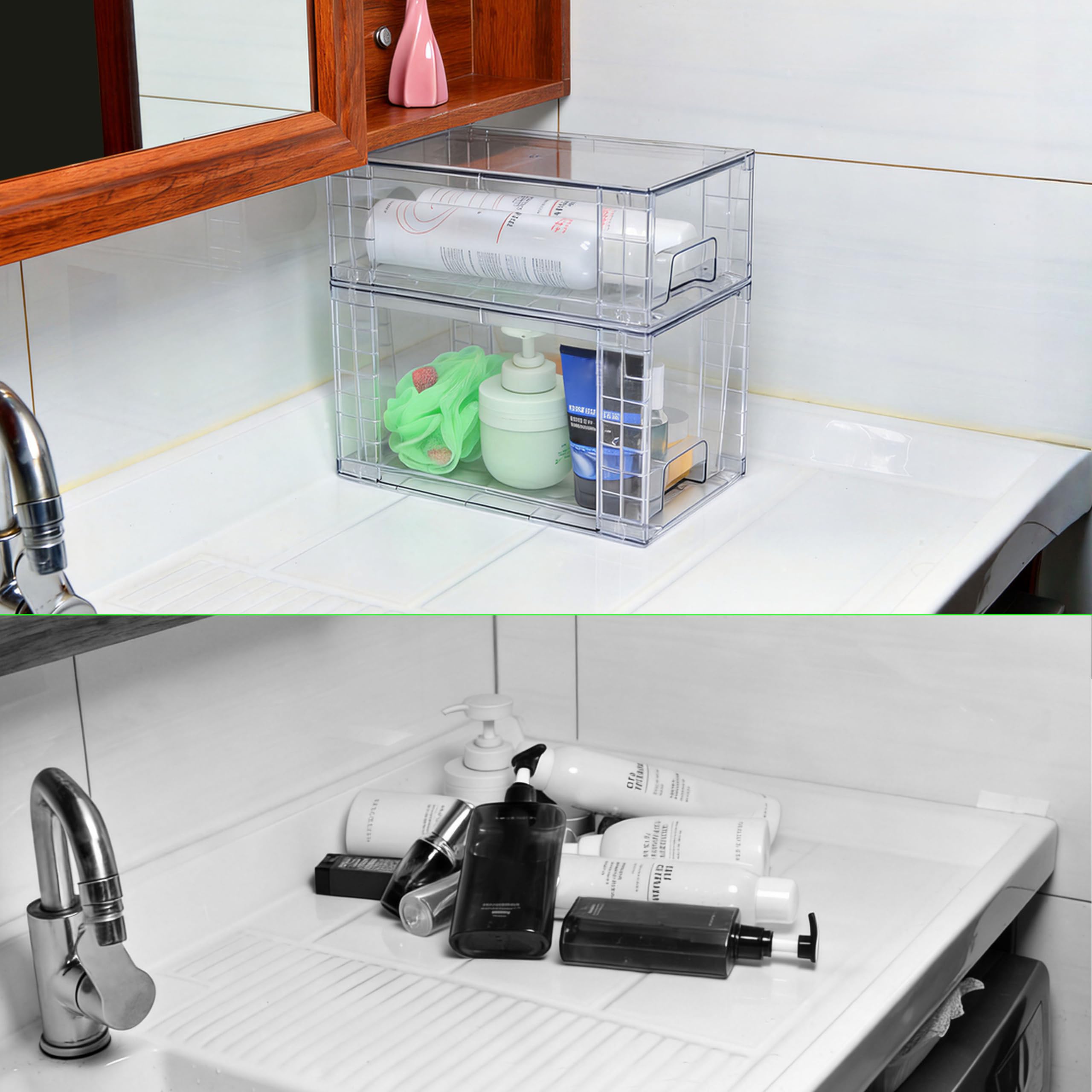 Lot de 2 Tiroirs de Rangement Empilables Transparent Petit Modèle, Organisateurs Acrylique avec Poignées, pour Réfrigérateur, Salle de Bain, Cuisine, Placard, Rangement Garde-Manger
