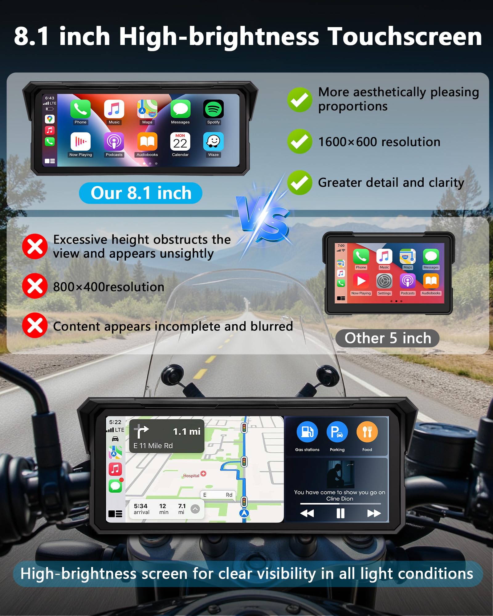 8,1 Zoll Motorrad Carplay Drahtloses Carplay und Android Auto für Motorräder, IP67 Wasserdichtes Touchscreen Motorrad Navi GPS, Bluetooth-Audio, Siri und Google - 3