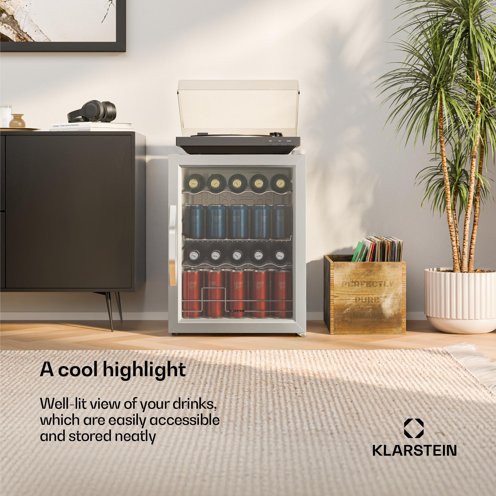 Klarstein Beersafe 60 L Mini Lodówka ze Szklanymi Drzwiami – Lodówka na Napoje, Biały | oświetlenie LED, wyjmowane metalowe półki, cicha, lodówka na piwo i napoje, puszki i butelki