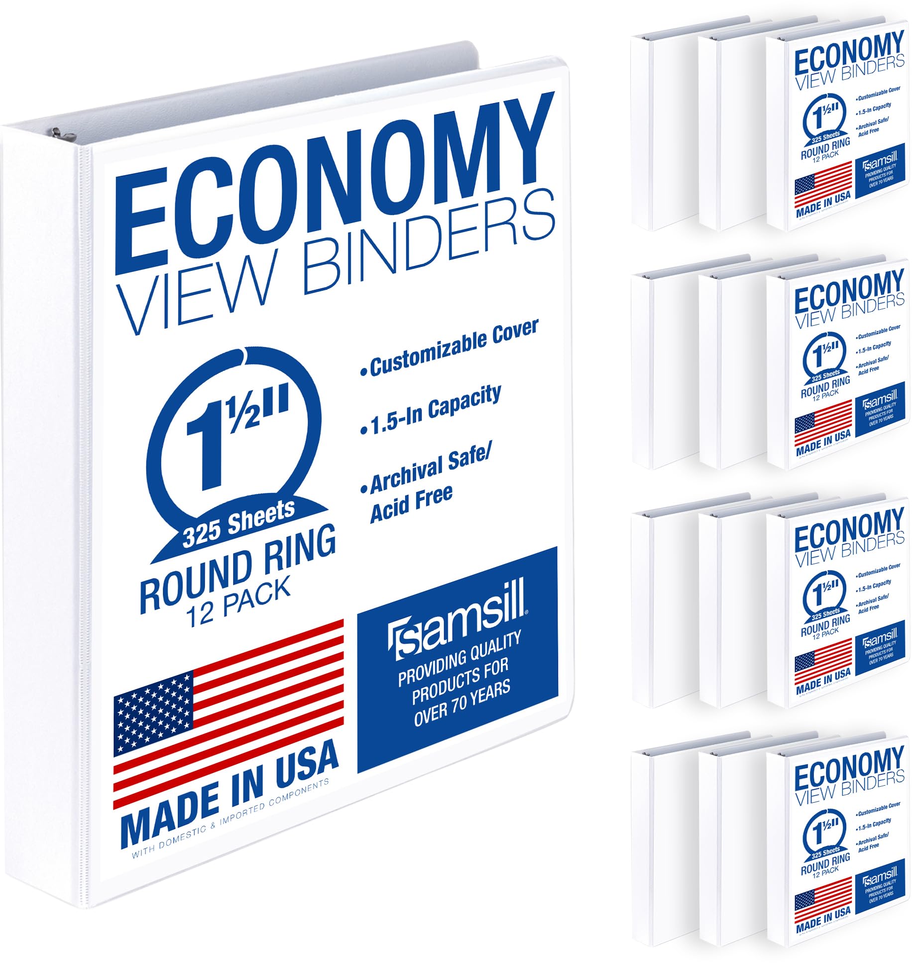 Samsill 1.5 Inch 3 Ring Binders, Economy Round Ring, Clear View Cover, 325 Sheet Capacity - for School, Home, Office - White, 12 Pack