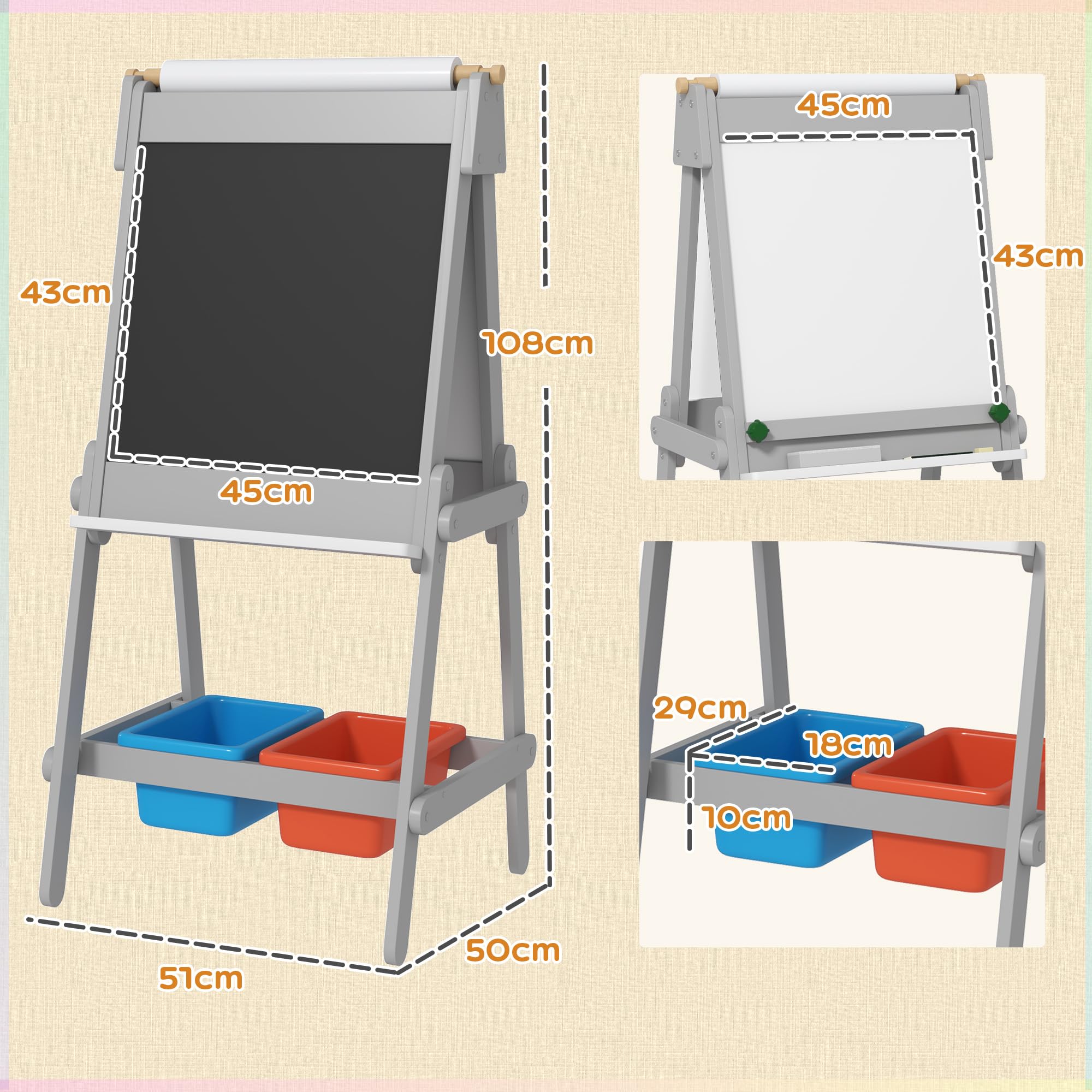 AIYAPLAY Pizarra Infantil Caballete de Pintura para Niños 3 en 1 Pizarra de Doble Cara con Borrador Rollo de Papel y Cajas de Almacenaje Gris