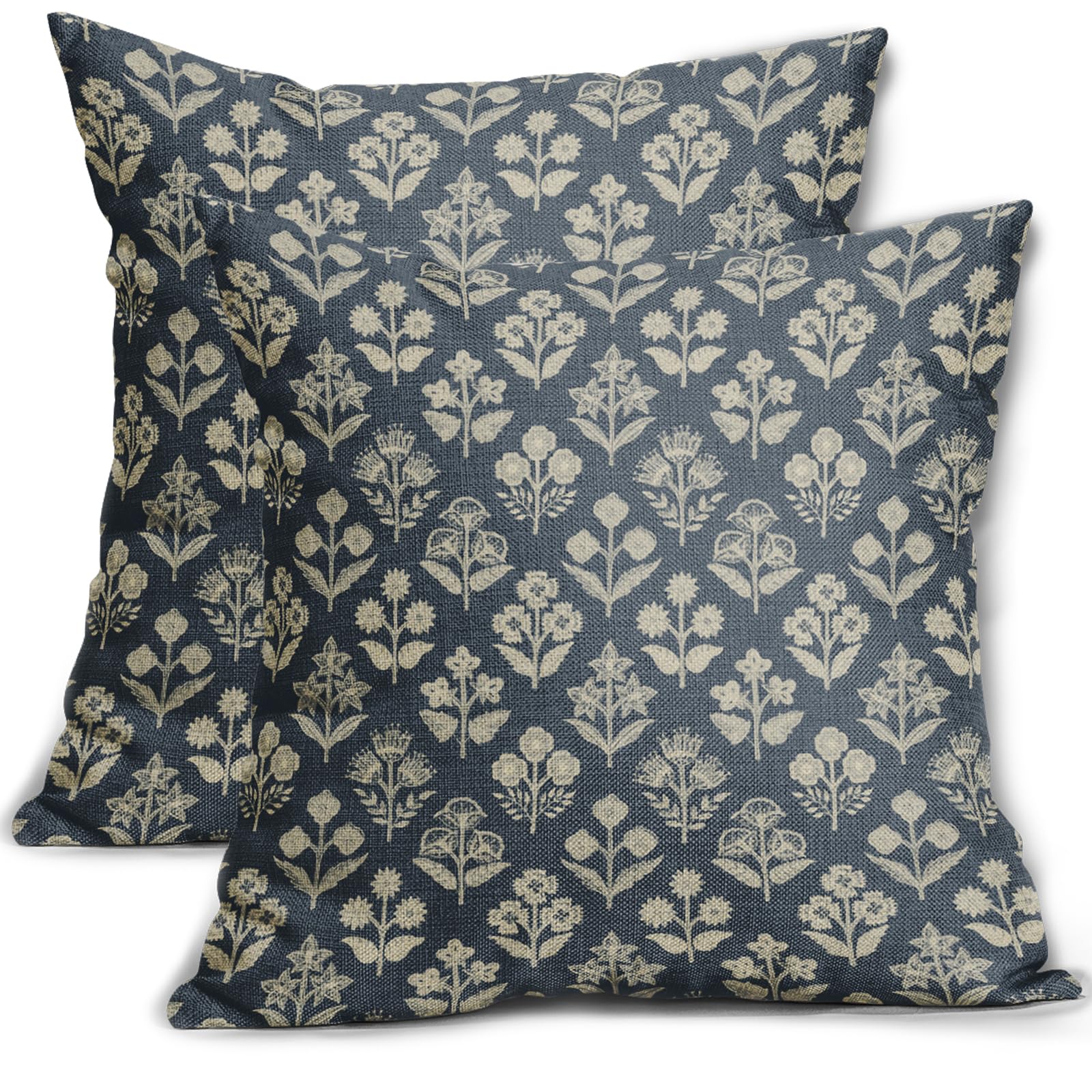 Dusty Blue Floral Pillow Covers 24x24 Inch Set of 2, Vintage Flower Block Pattern Decorative Throw Pillowcases Outdoor Farmhouse Cushion Covers Spring