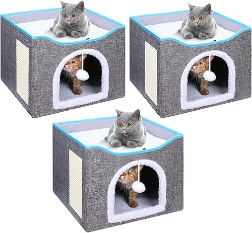 MBJZSL Paquete de 3 camas para gatos de interior, casa grande para gatos para varios gatos, casas plegables para gatos con bola colgante y
