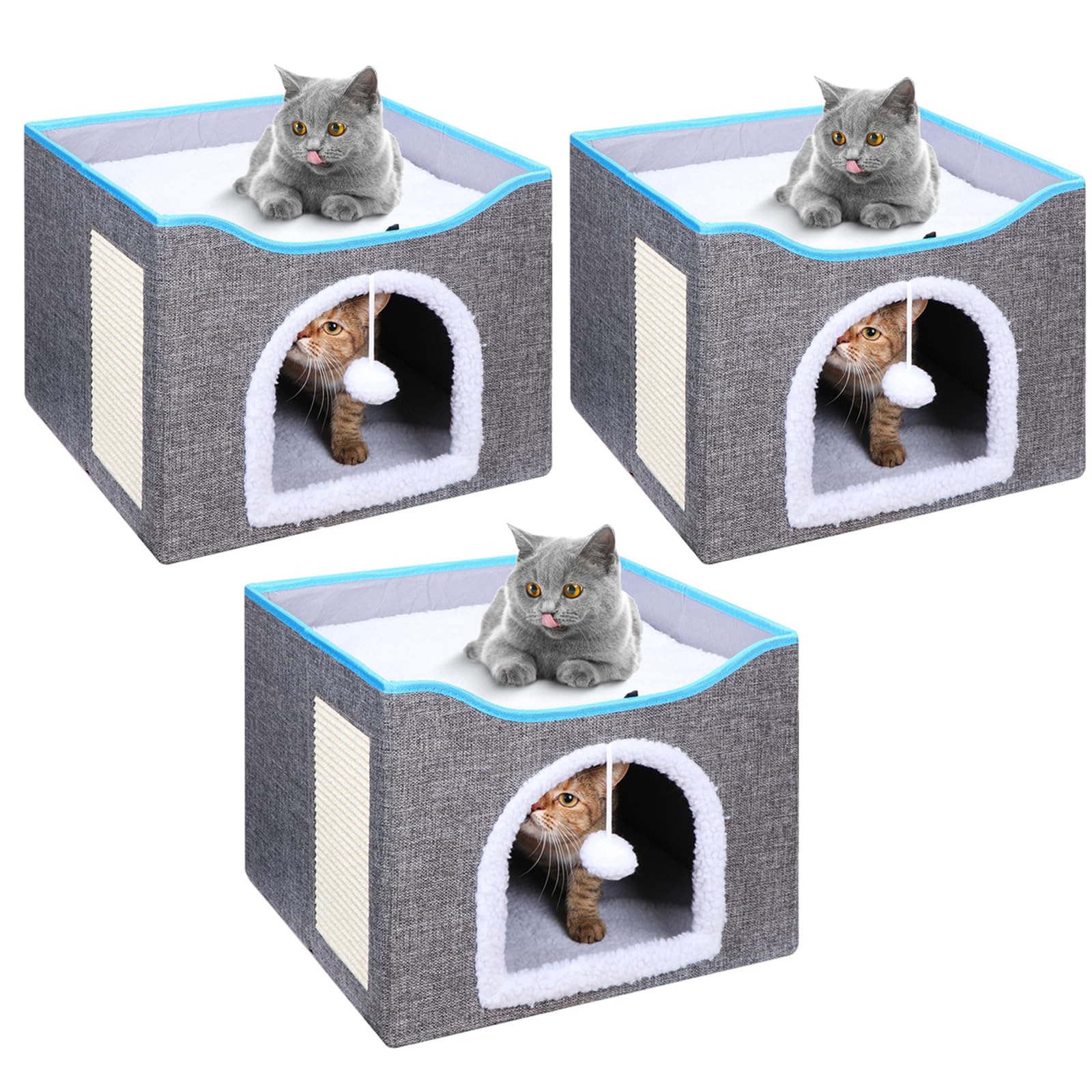 MBJZSL 3 Pack Cat Beds for Indoor Cats, Large Cat House for Multiple Cats Dogs, Foldable Cat Hideaway Houses with Hanging Ball and Scratch Pad, for Multi Cat Family,Cat Cafe（Grey）
