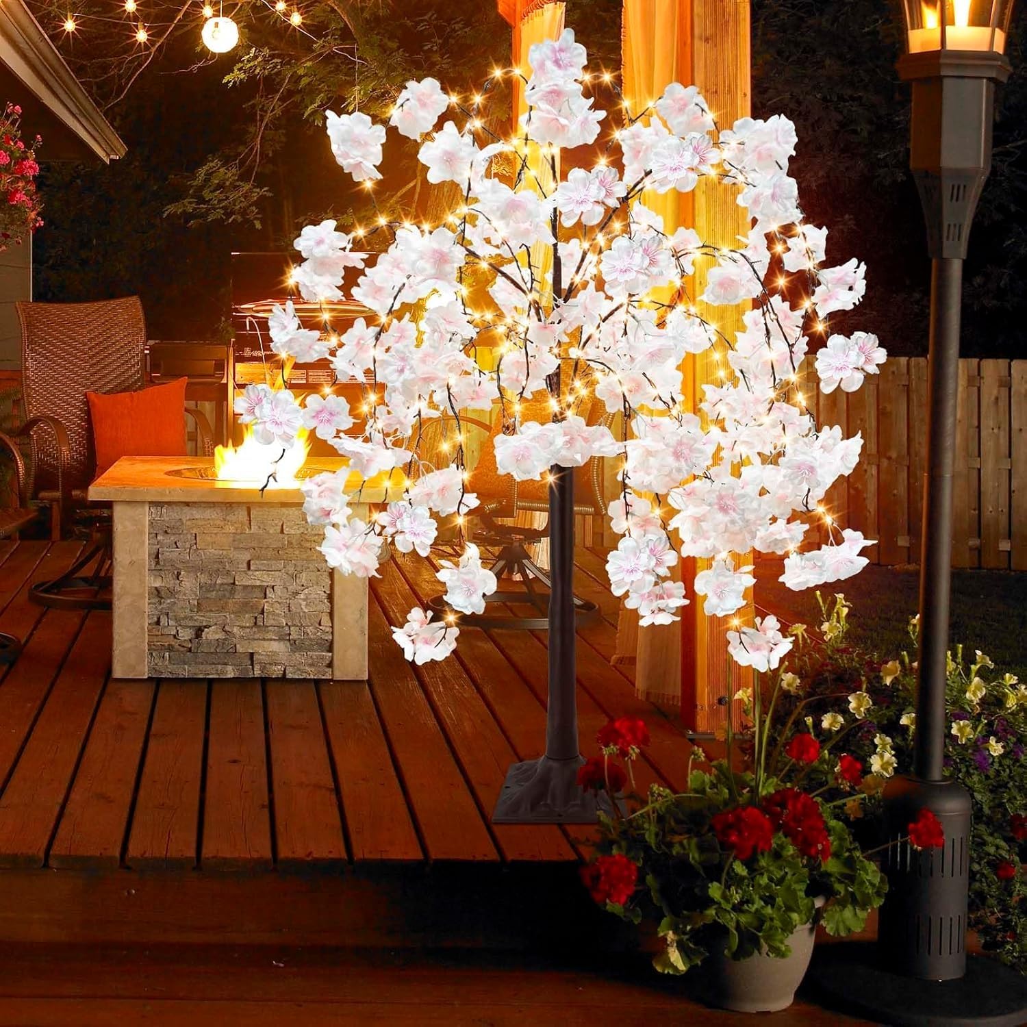 Albero Di Ciliegio Illuminato 144 Luci – 432 Fiori Rosa, Telecomando Con 8 Modalità, Timer, Per Interni/Esterni
