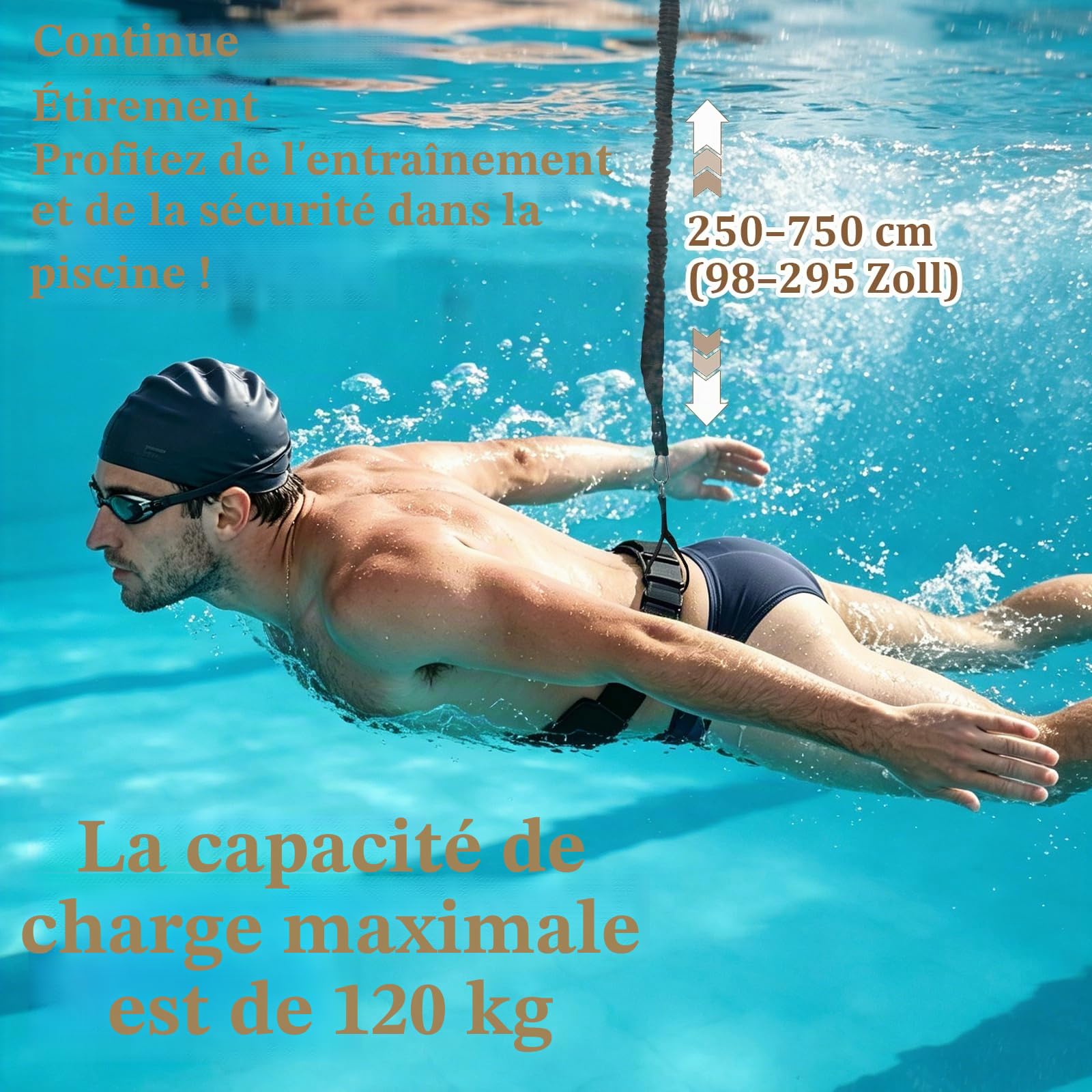 Ceinture de Natation avec Sangle Élastique de Résistance 2,5-7,5 m - Harnais d'Entraînement en Piscine pour Adultes et Enfants - Nage sur Place sans Contre-Courant - Équipement Fitness