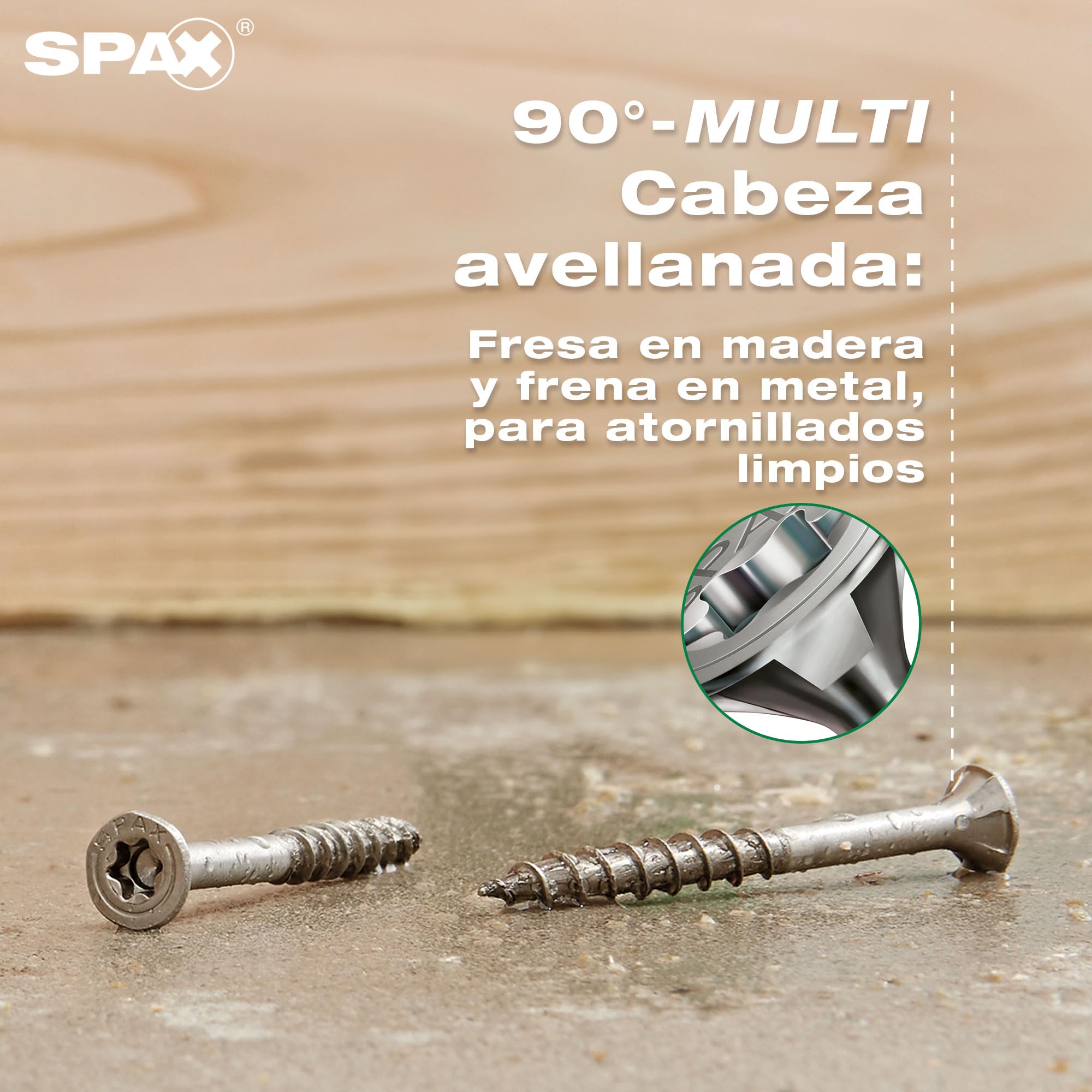 SPAX Tornillo de Acero Inoxidable A2 6 x 100 mm T30, 90 pzas. | Cabeza avellanada MULTI con rosca parcial, punta 4CUT y perfil ondulado para madera en exterior y jardín.