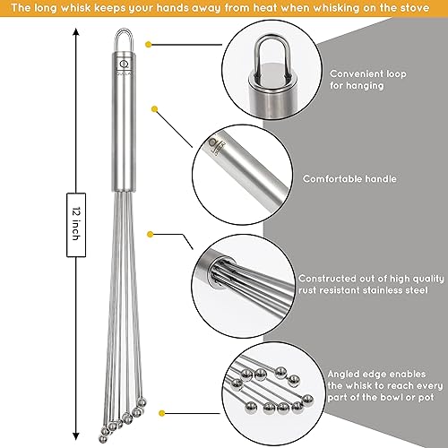 Miniatura 2 de Batidor de bola de acero inoxidable para chefs profesionales de 12 pulgadas. Ideal para mezclar, batir y revolver. Batir huevos, chocolate y salsa