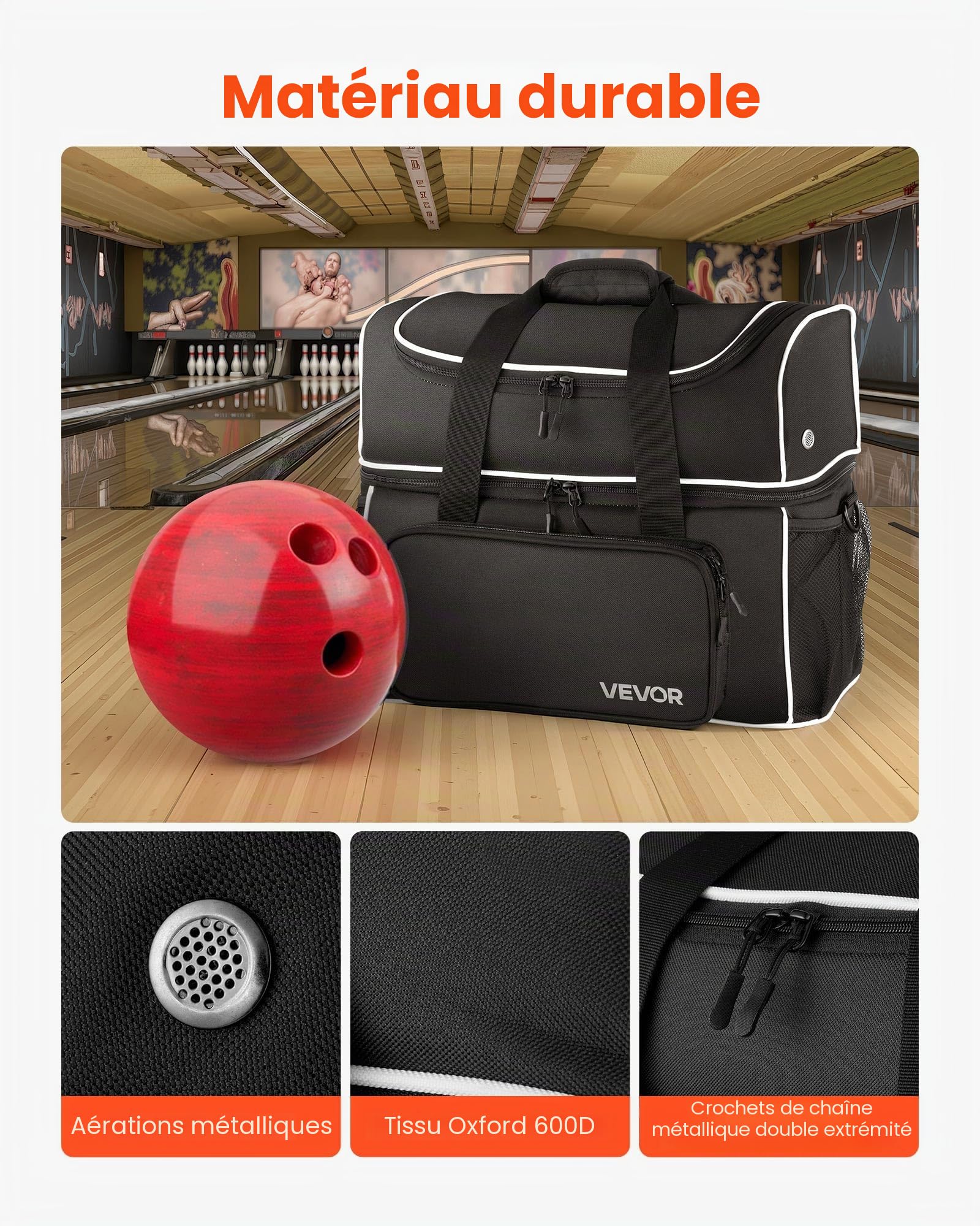 VEVOR Sac de Bowling à roulettes, Valise de Transport pour 2 Boules, avec Compartiment pour Chaussures, Poche pour Accessoires Surdimensionnée et Poignée Rétractable Extensible, Noir et Blanc