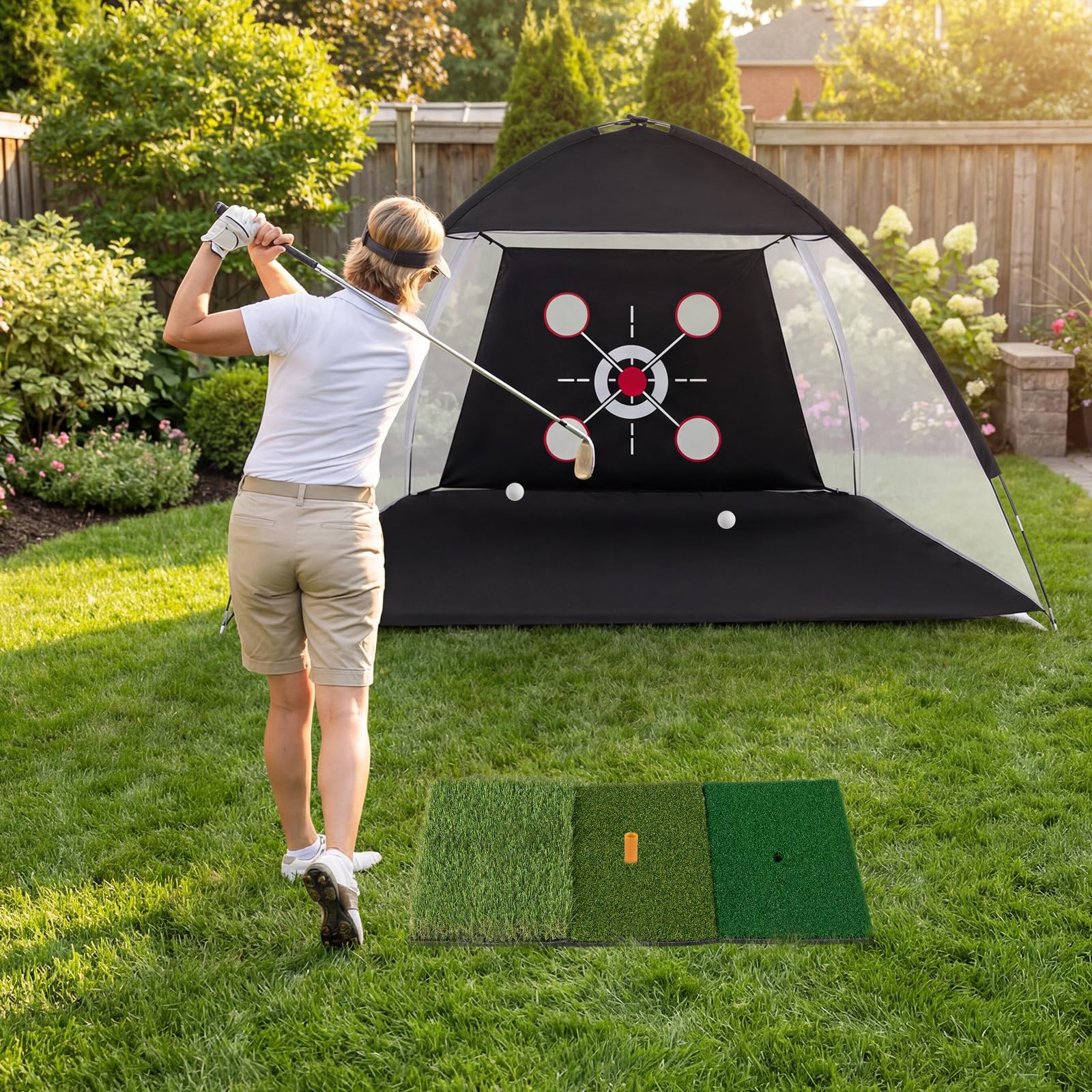 COSTWAY Golf Übungsnetz 300 x 200 cm, Golfnetz mit Schlagmatte, Zielscheibe, 5 Bällen & Tee, Chipping Trainingsnetze inkl. Tragetasche, tragbare Trainingshilfe Outdoor für Drinnen & Draußen