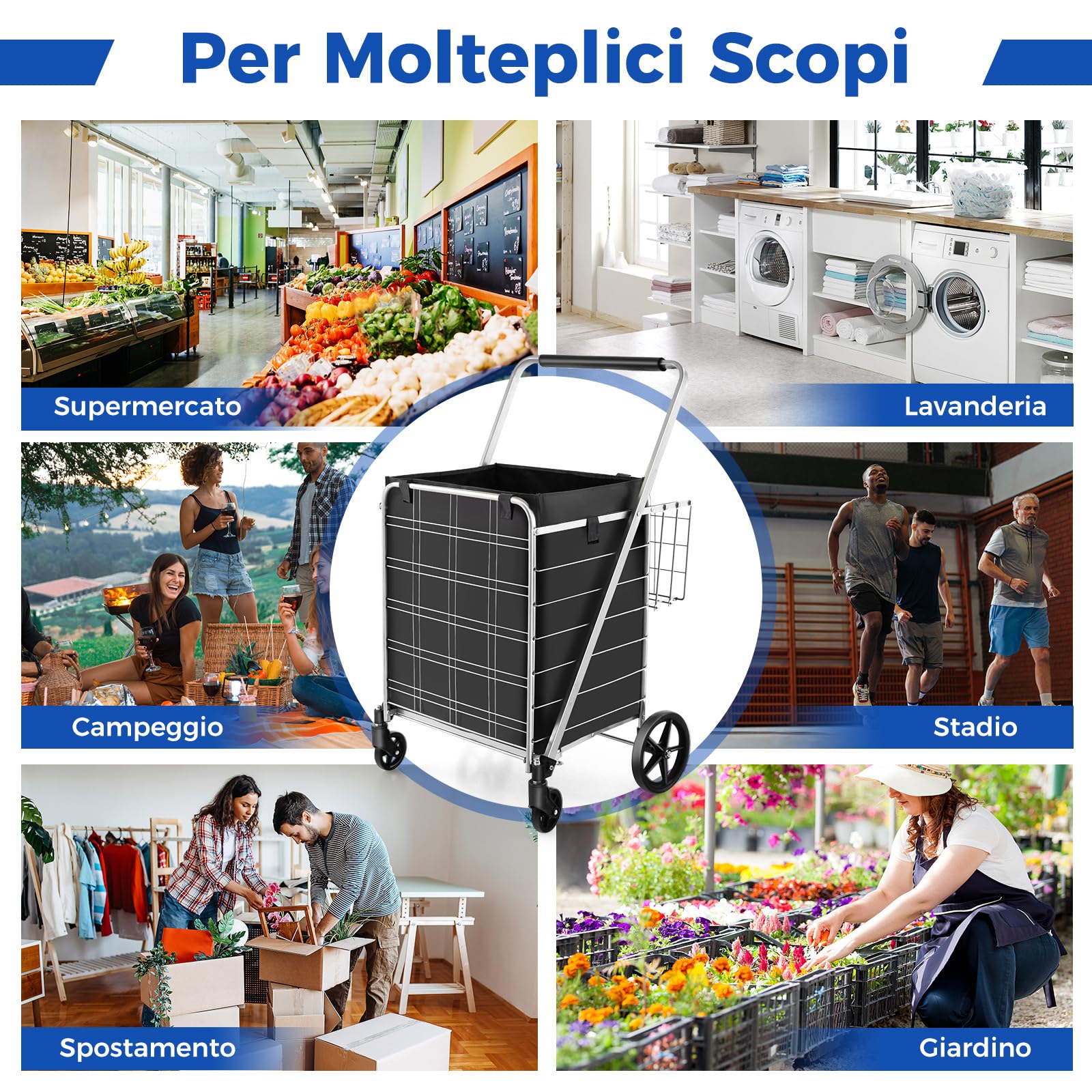 COSTWAY Carrello Portaspesa Pieghevole con Sacca, Carrello della Spesa Pieghevole con Ruote Girevoli a 360°, 2 Cesti, Capacità di Carico: 150 kg, 126 L, 66 x 64 x 103 cm (Argento)