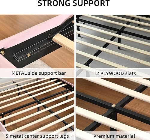 Miniatura 4 de Base de cama rosa tamaño individual para niñas, bonita cama de plataforma de terciopelo con cabecera de flores única, cama tapizada suave con