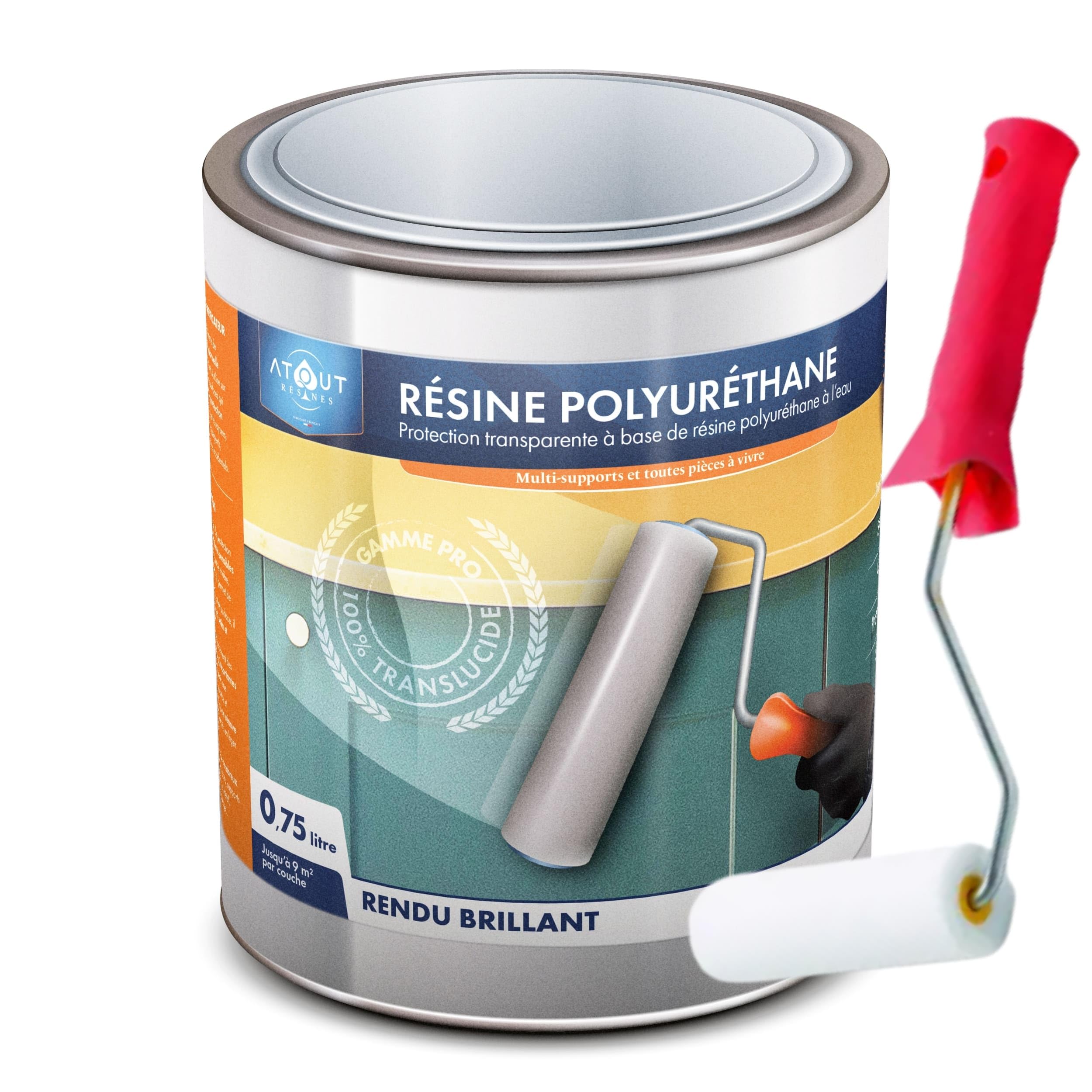Résine polyuréthane brillante 750 ml mono- composant, incolore, vernis, vitrificateur, protection polyvalente, multi-usages et son rouleau adapté à la bonne application de la résine. 750 ML Brillant