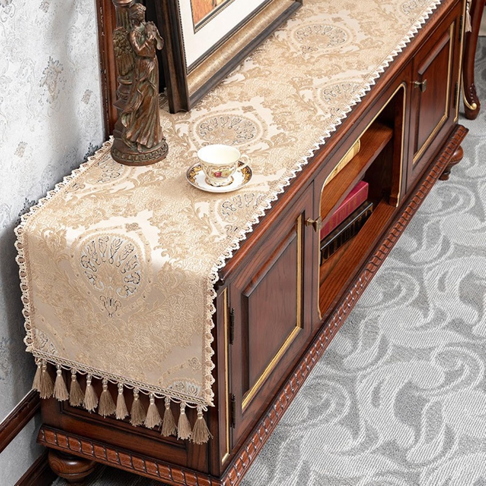 Tischläufer Landhausstil Polybaumwolle, Tischläufer Hochzeit 50x240 cm, Nordisch Jacquard mit Floralem Muster und Quasten