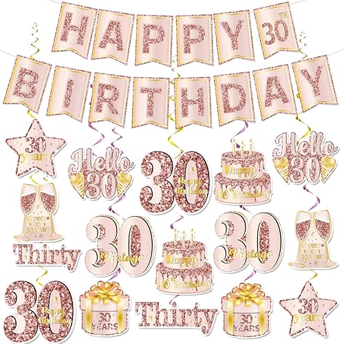 Decoraciones de cumpleaños número 30 para mujer, decoraciones de cumpleaños número 30 color oro rosa incluye pancarta de cumpleaños 30 y espirales