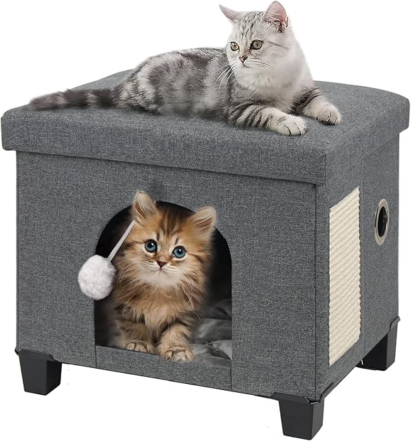 BRIAN & DANY Large Cat Cave for Indoor Cats, Multifunctional Cube Cat House with Cat Scratch Board & Ball, 45 x 37.5 x 38 cm, Gray