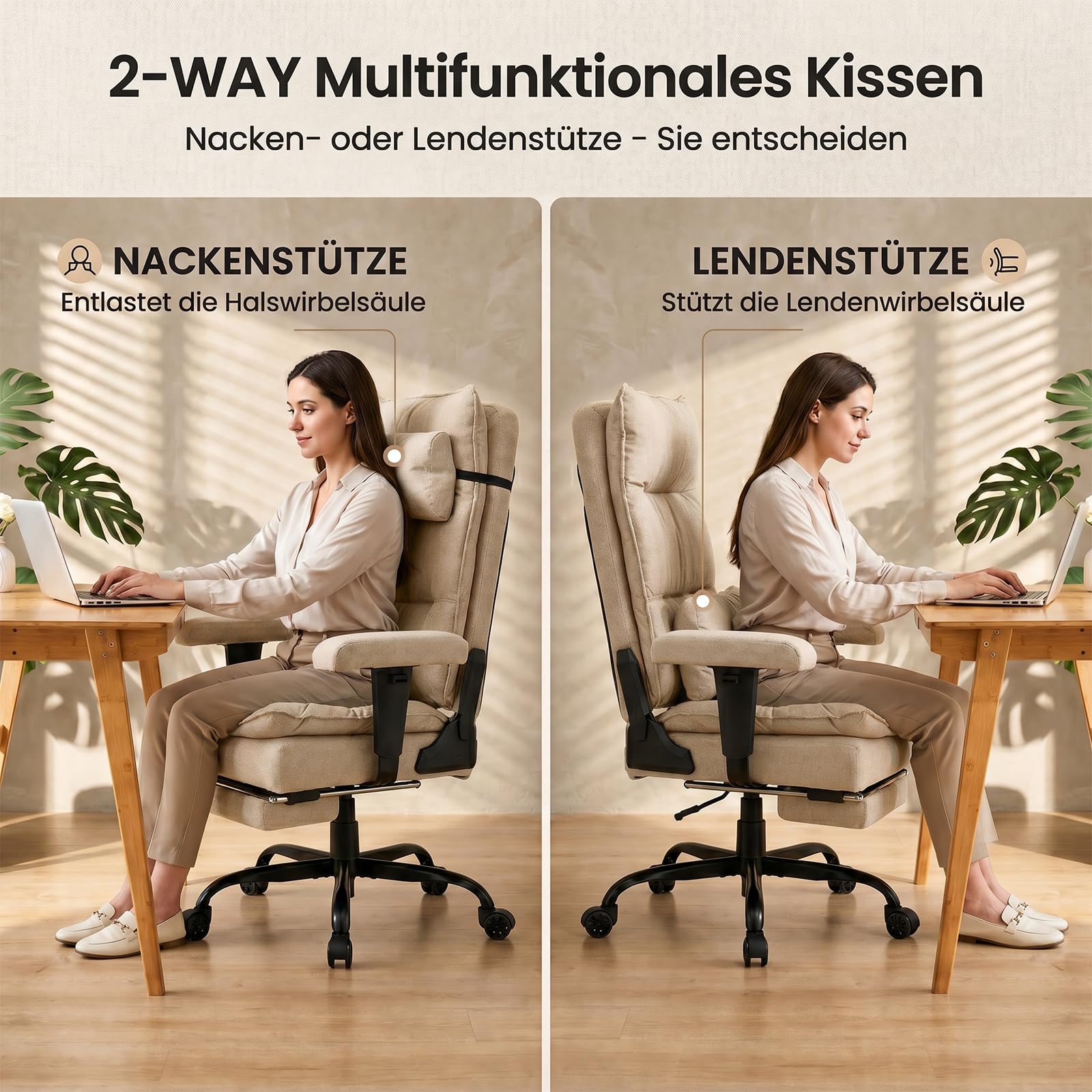 EXCEBET Bürostuhl mit Taschenfederkern, Ergonomischer Chefsessel aus Stoff mit Fußstütze, 155°Verstellbarer Schreibtischstuhl, Hoher Computerstuhl bis 180 kg, Breiter Sitz für Schneidersitz (Beige)