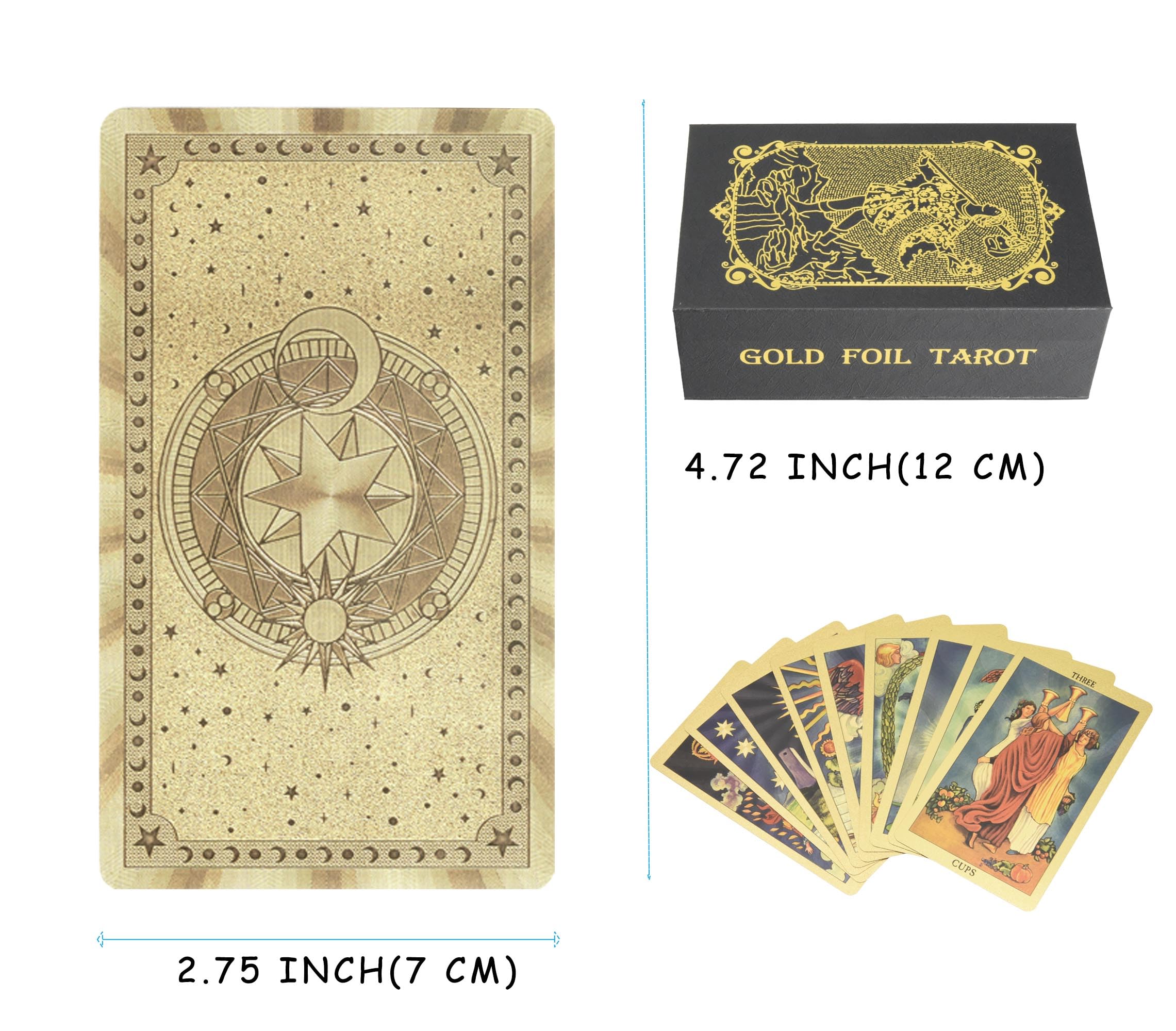 YIMINGOUFEI English Gold Tarot Card Set, 78 Cards with 36 Page Guide, 7 x 12 cm, PVC Waterproof, Gold Foil Design, Sun, Stars and Moon - Image 2