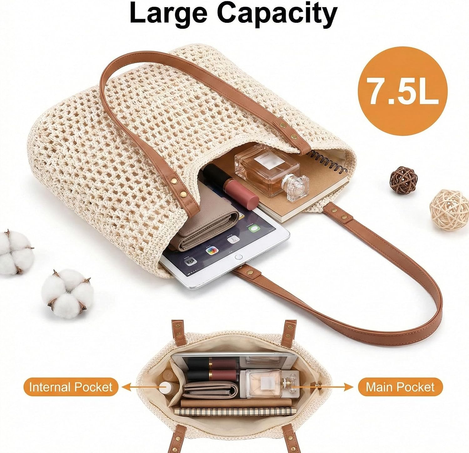 Crochet Beach Bags for Women, Beach Purse, Boho Woven Tote with Leak-Proof Lining for Summer Vacation Travel Casual Shoulder Bag Soft