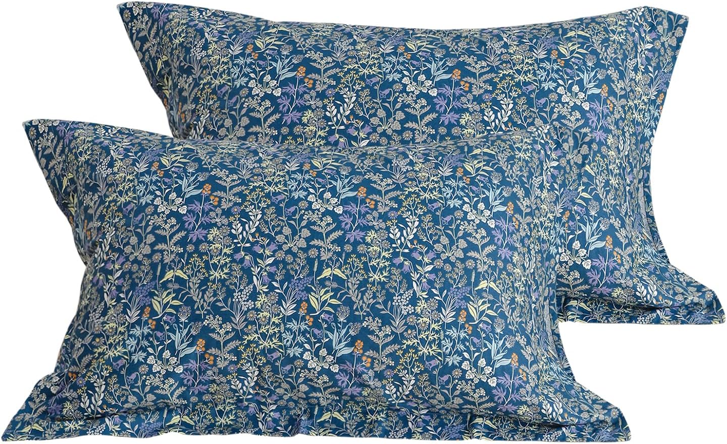 QSH 100 Cotton Floral Pillow Cases Queen, Blue Flowers