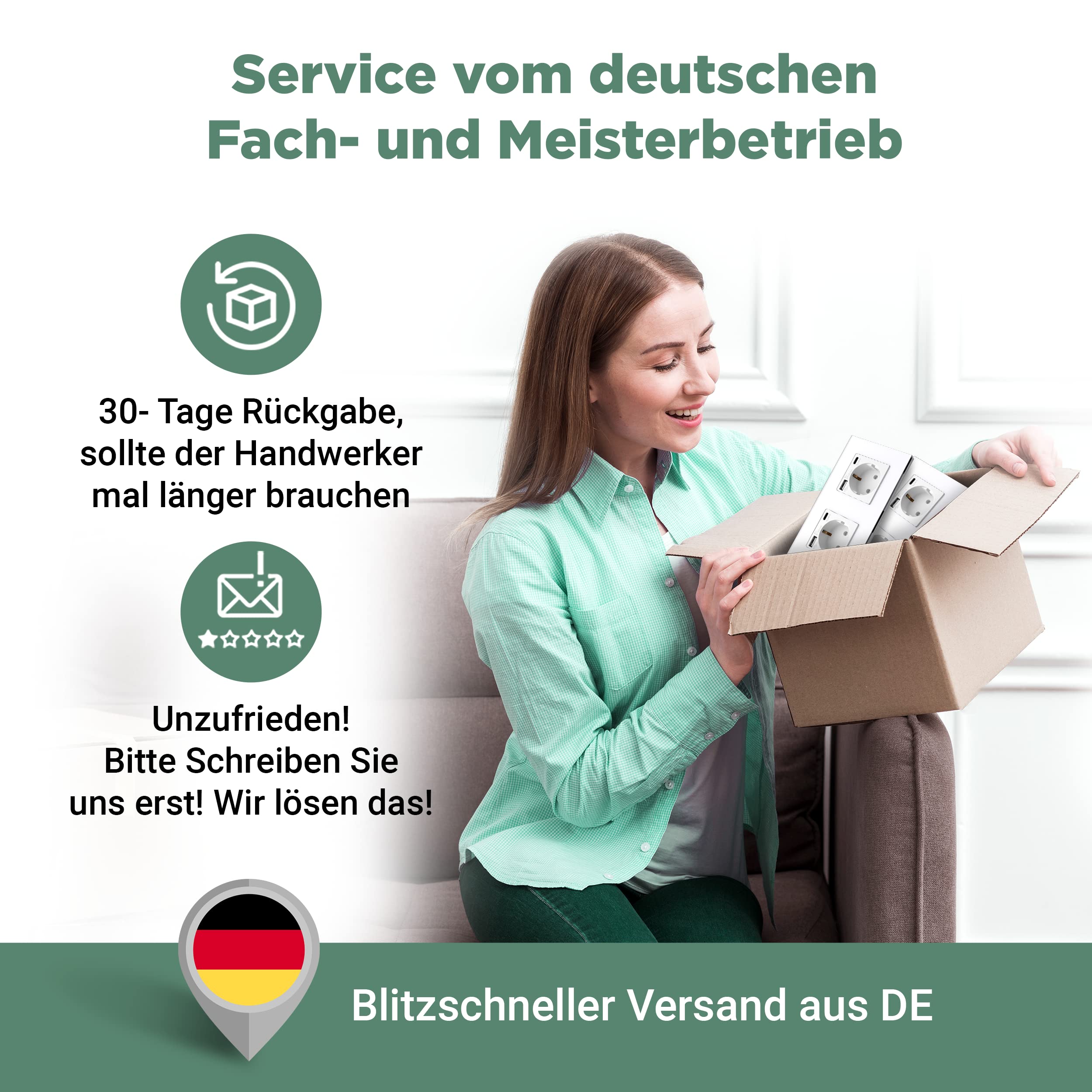 PULSAR Steckdose Unterputz mit USB-C, A 4-Fach Weiß Glas - Dose mit 20W Schnellladegerät 16A mit Kindersicherung 299x86mm
