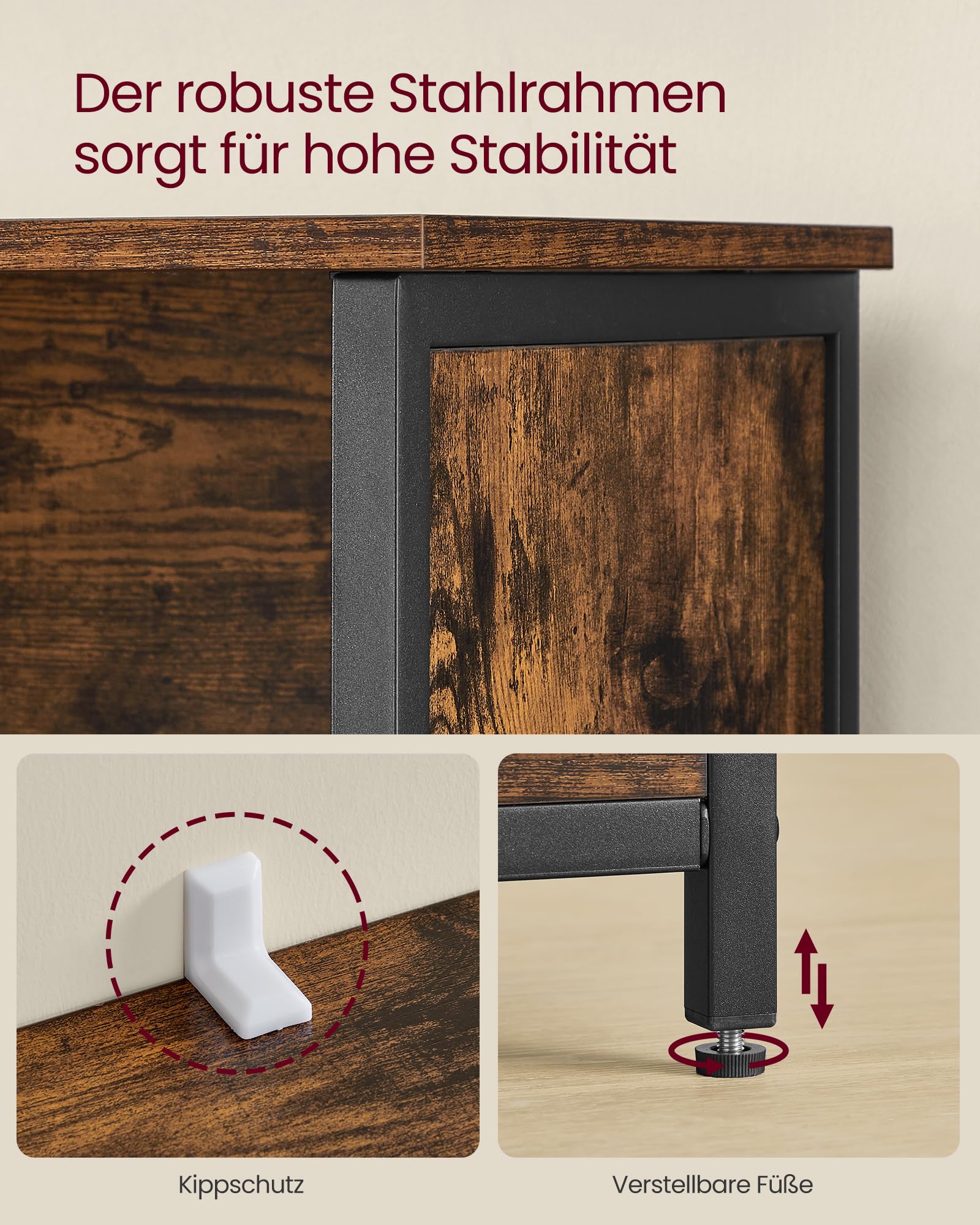 VASAGLE Küchenschrank, Bücherregal, 2 offene Fächer, Schrank mit verstellbaren Ablagen, Bücherschrank mit Türen, Stahlrahmen, für Wohnzimmer, Küche, Arbeitszimmer, vintagebraun-schwarz LSC66BX