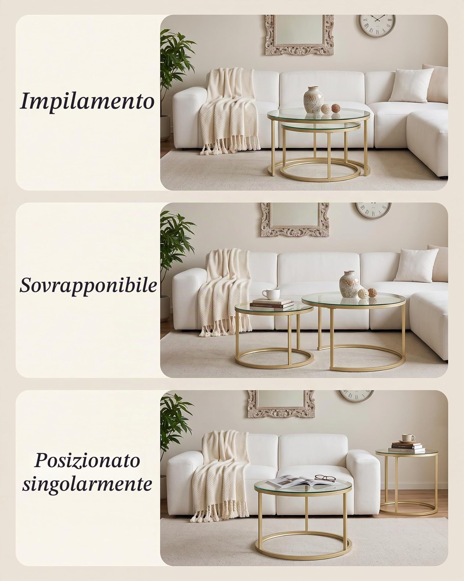 Tavolino Salotto in Vetro Set da 2 Ø80+60 cm, Tavolini da Salotto Rotondi in Vetro Trasparente e Struttura Dorata, Tavolo Salotto Moderno Impermeabile per Interno ed Esterno