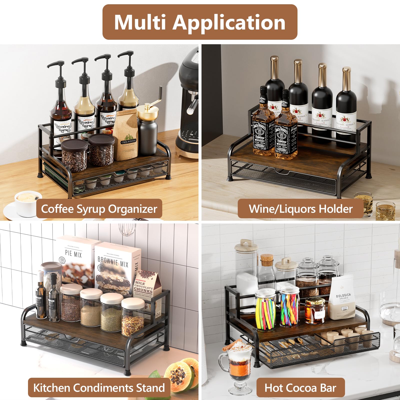 Organizador de jarabe de café, 3 niveles, 8 botellas, con cesta de almacenamiento de 35 K para barra de café, soporte para botellas de encimera para vino, aderezo para cocina, estación de café 7