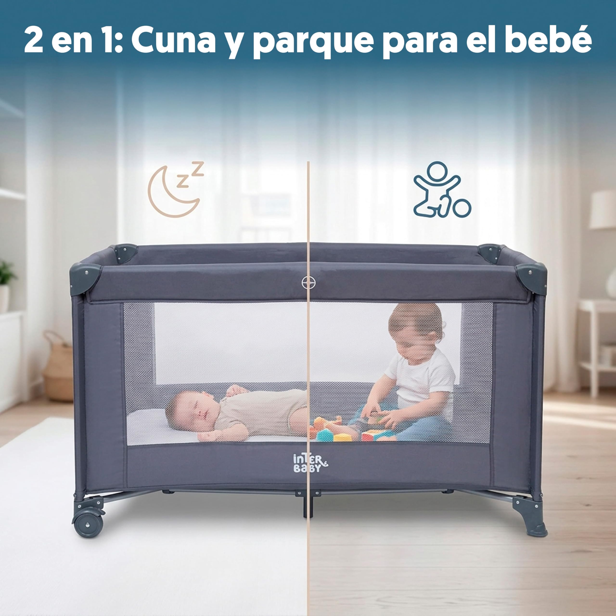 Interbaby - Cuna de Viaje Bebé Plegable con Ruedas y Bolsa de Transporte, Parque Cuna 2 en 1, Ligera y Compacta, Malla Transpirable, Compatible 120x60 cm, Desde Nacimiento hasta 3 Años (15 kg) (Gris)