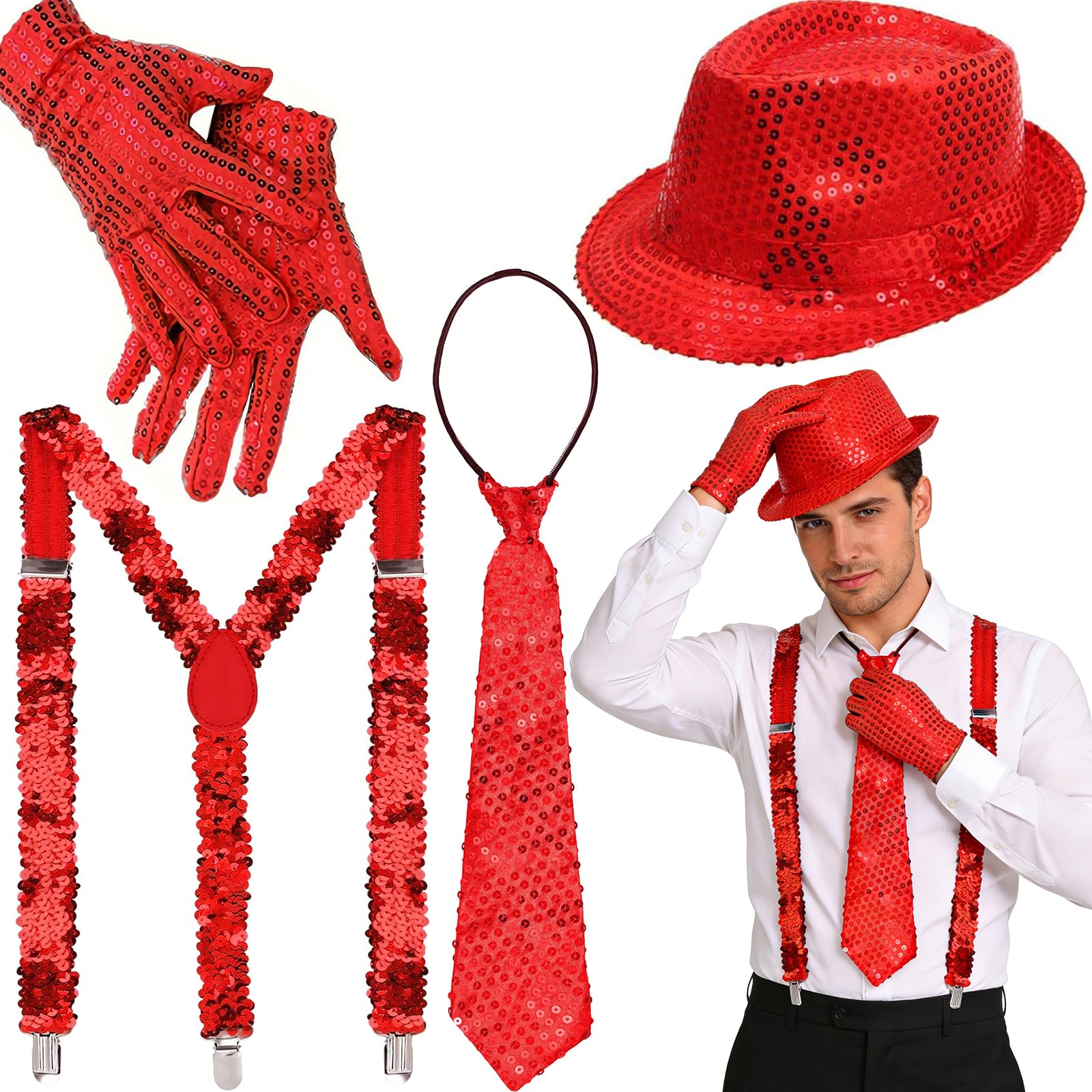 mens sequin costume accessories, sequin braces, sequin outfits, mens outfit, hats, braces, gloves, tie, suitable for carnival party characters - 1