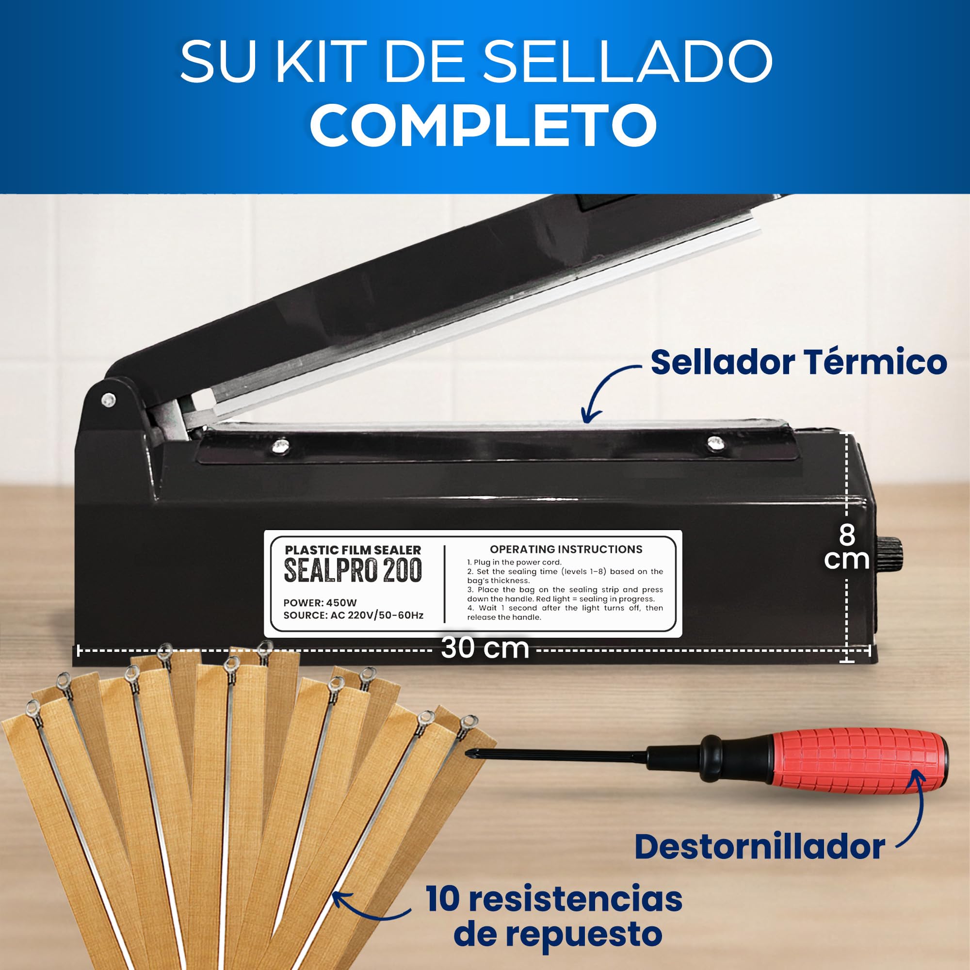 Máquina de sellado de 200 mm, sellador térmico profesional para bolsas de plástico, aluminio, kraft - termoselladora con 8 resistencias
