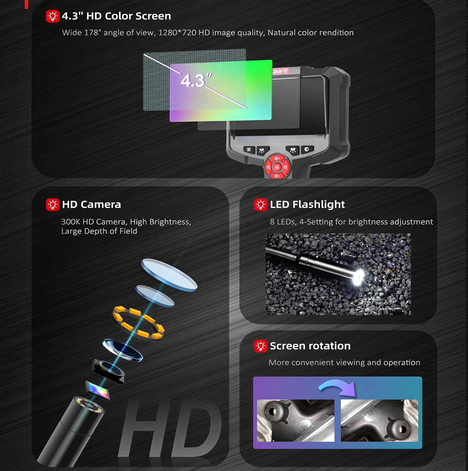 UNI-T UT665P 1M/5M/10M Industrial Endoscope Camera 4.3inch IPS IP67 Waterproof HD 920P 8mm Lens Pipe Sewer Inspection Camera Borescope(UT665P 5M)