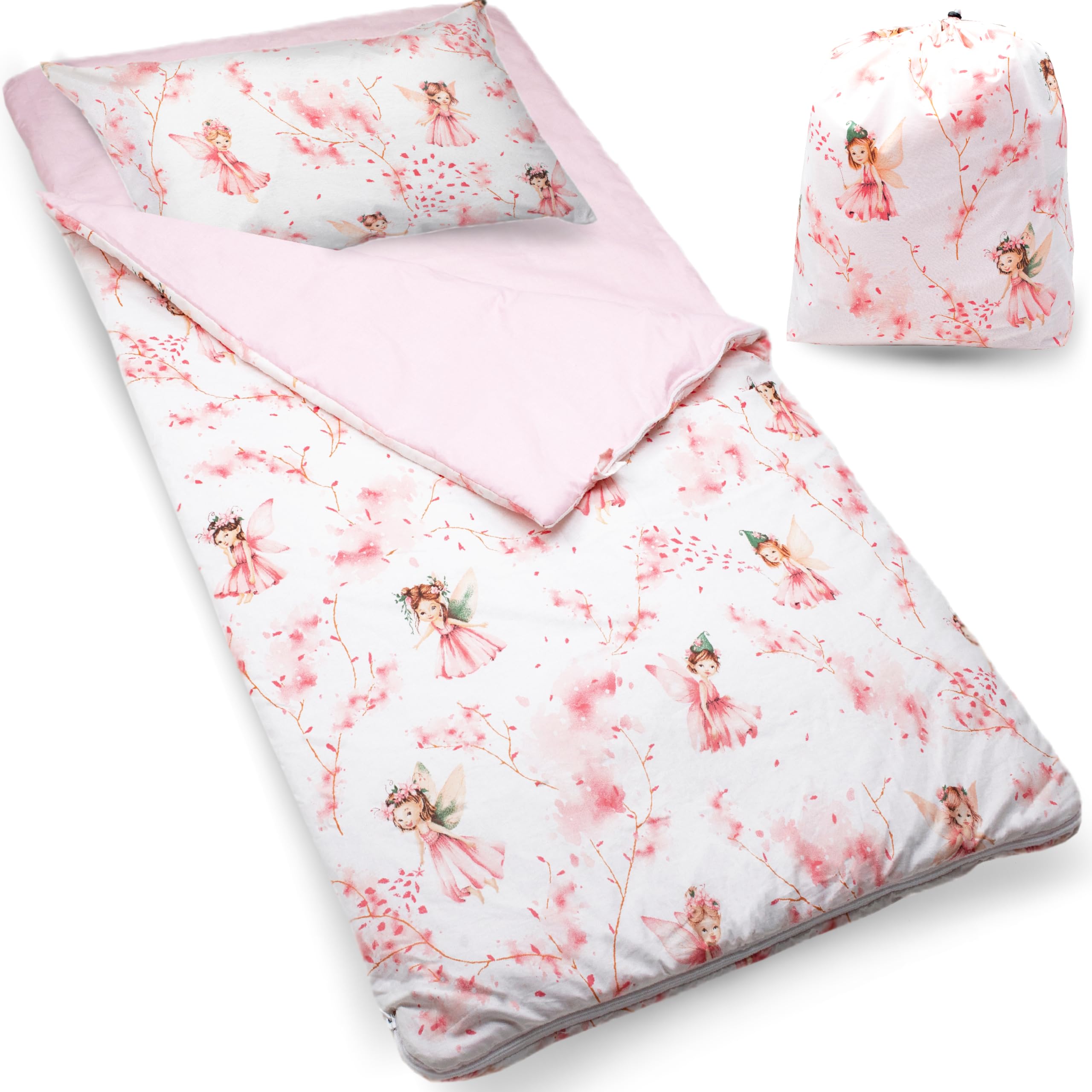 PinkZebra Sacco a Pelo Copriletto, 140 x 75 cm + federa cuscino 60 x 40 cm, per ragazze e ragazzi da 3 a 8 anni (fino a 135 cm di altezza), certificato Oeko-Tex, fata