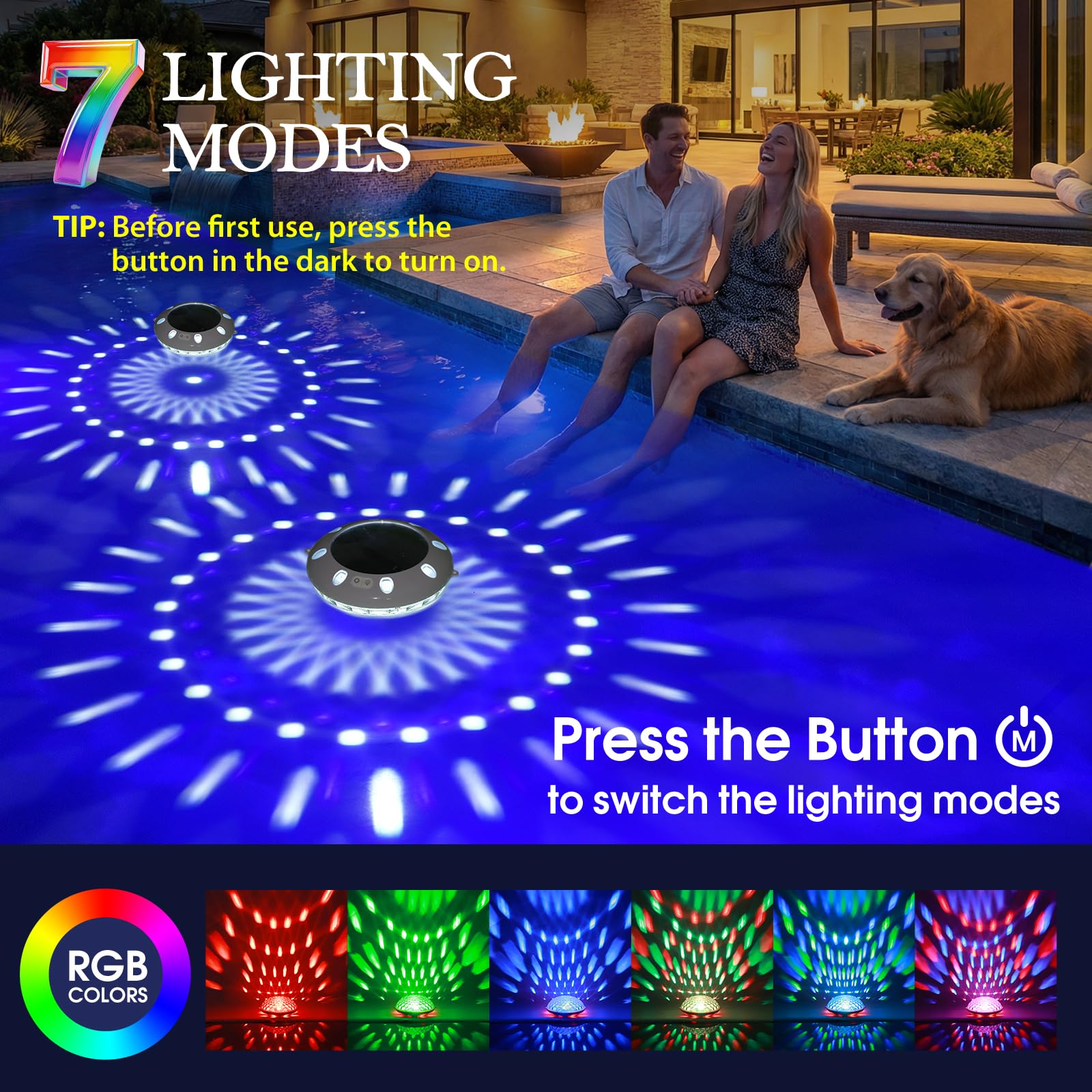 AearKing Schwimmende Poolleuchten mit Fernbedienung,Pool Lichter Schwimmend Solar mit RGB-Lichteffekten,Oberer und unterer Farbwechsel,IP68 Wasserdichte Pool beleuchtung für Teiche und Pools – 2 Stück