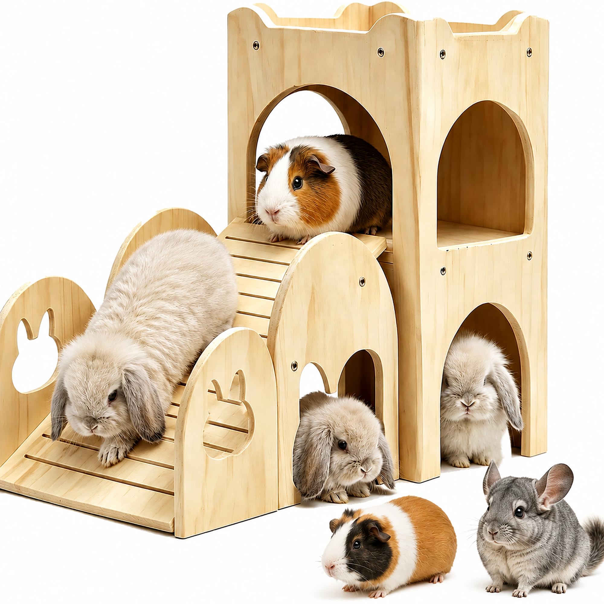Großes Kaninchenversteck aus dickem hartem Holz, Hasenhaus-Schloss, Kletterturm, abnehmbares Spielhaus, belüftetes Meerschweinchen-Holzversteck für Hamster, Chinchillas, 2 Stück