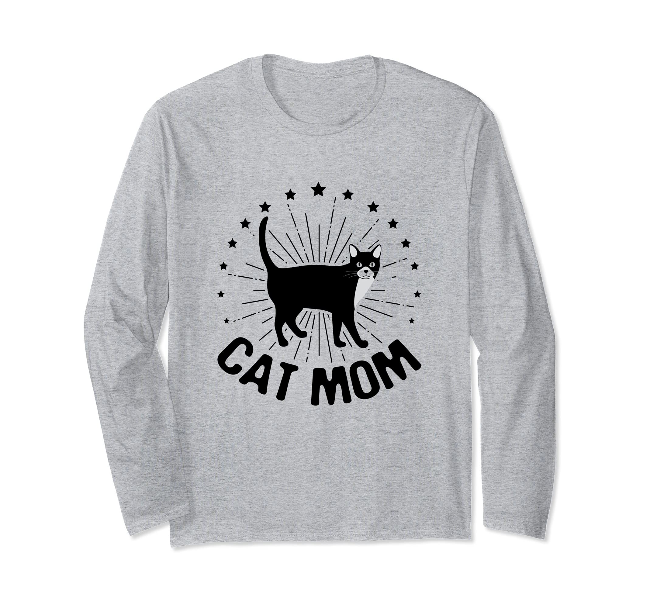 Cat Mom Best Cat Mommy Mother`s Day Black Cat Black Stars Long Sleeve T-Shirt, Grey