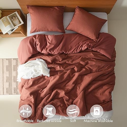 Miniatura 3 de Comfort Spaces Juego de funda de edredón tamaño Queen, color naranja quemado, 2 piezas, transpirable, con textura de gofre, funda de edredón y funda