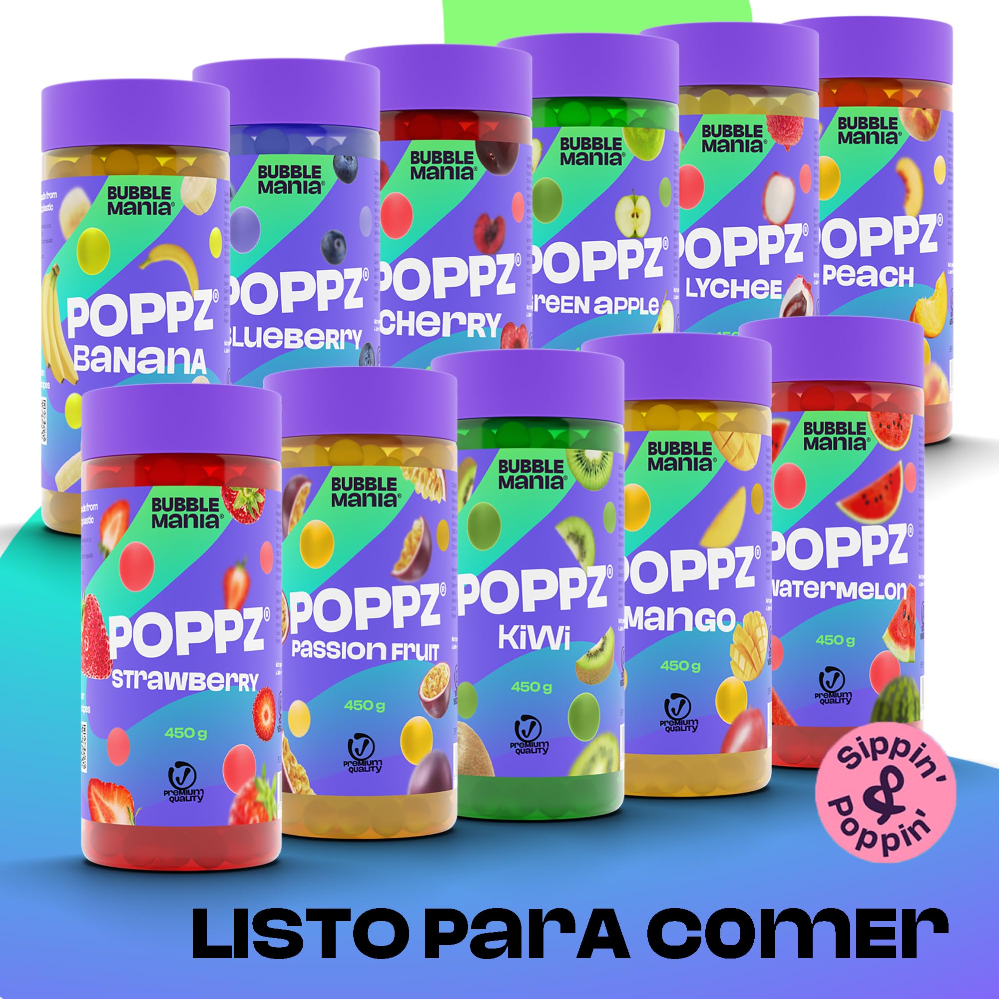 BubbleMania Set de Bubble Tea Boba Popping Perlas de Tapioca 4 Paquete Maracuyá Lichi Kiwi Sandía