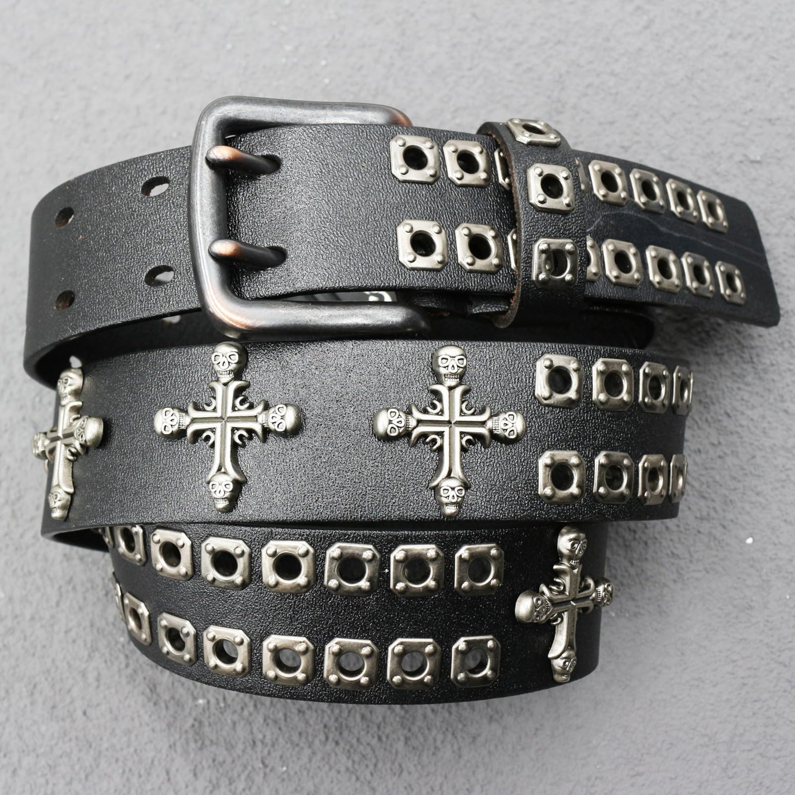 Cinturón De Cuero Con Tachuelas Gótico Punk, Remaches Cruz Calavera, Negro 115 Cm/45