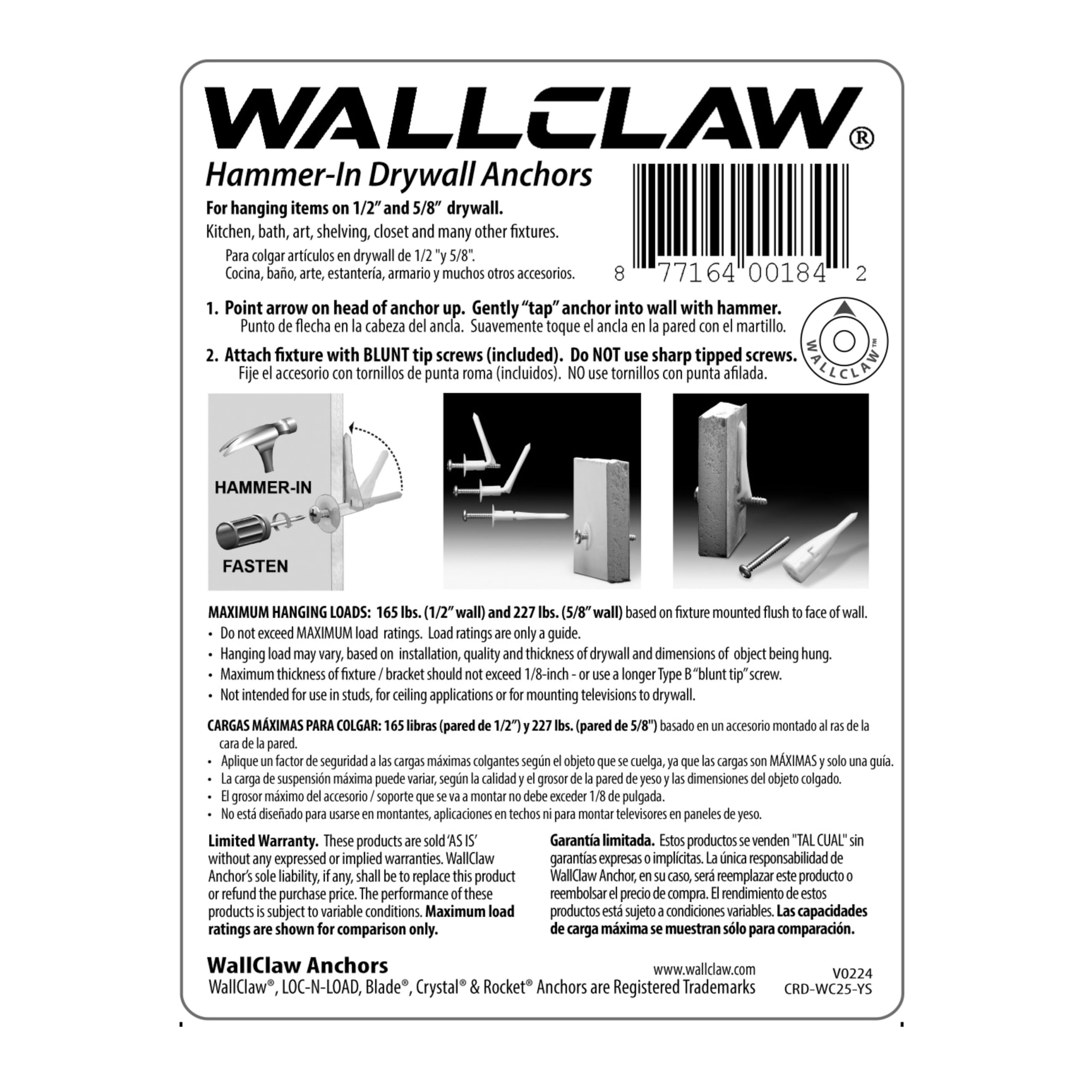 wallclaw anclajes pck-wc25-ys de imitación de yeso ancla y tornillos (25 unidades)