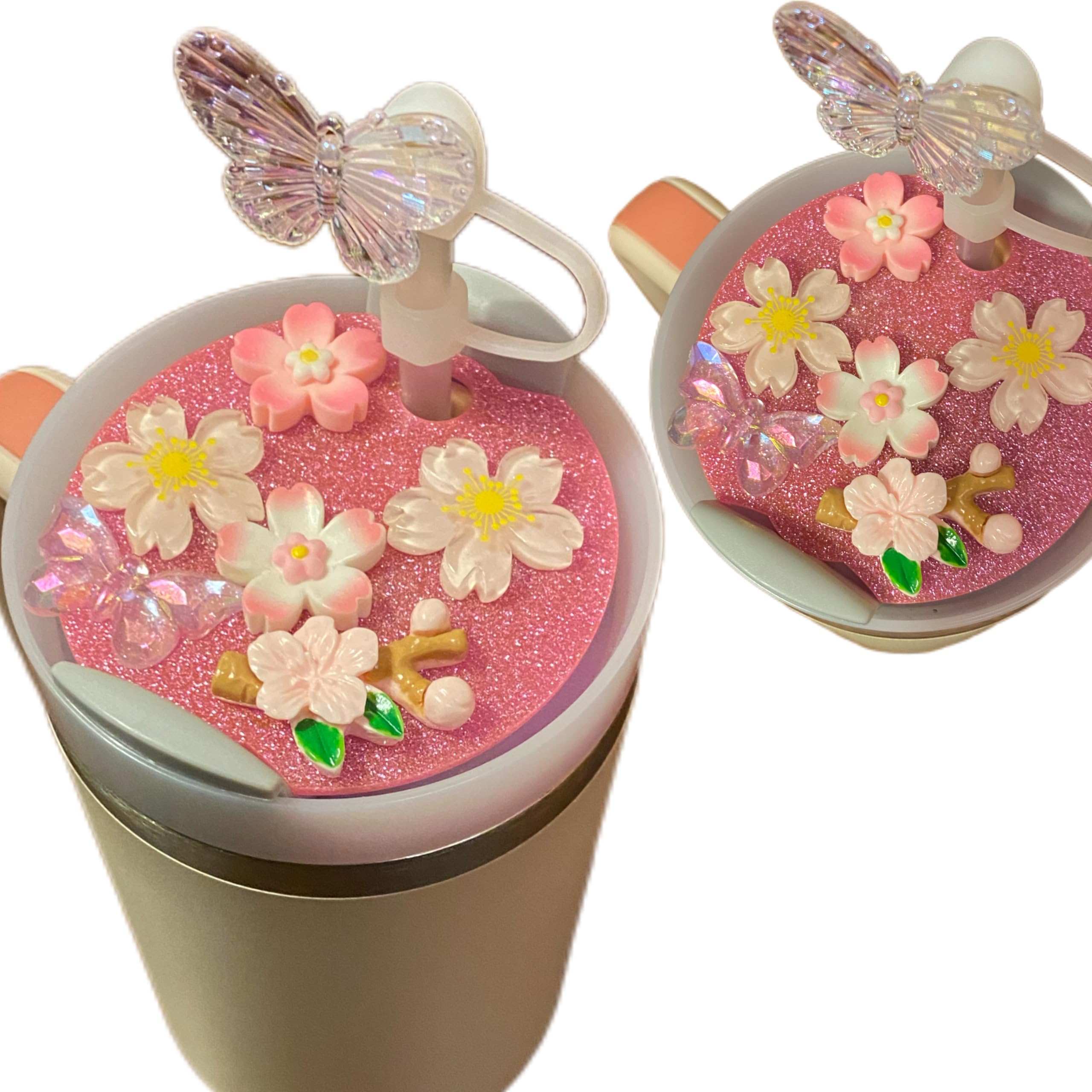 Cute Flower Charm For Stanley Cup Accessories 30 Oz Tumbler With Silicone Straw Cover Cap and Lid Plate (Pink, 30 Oz)