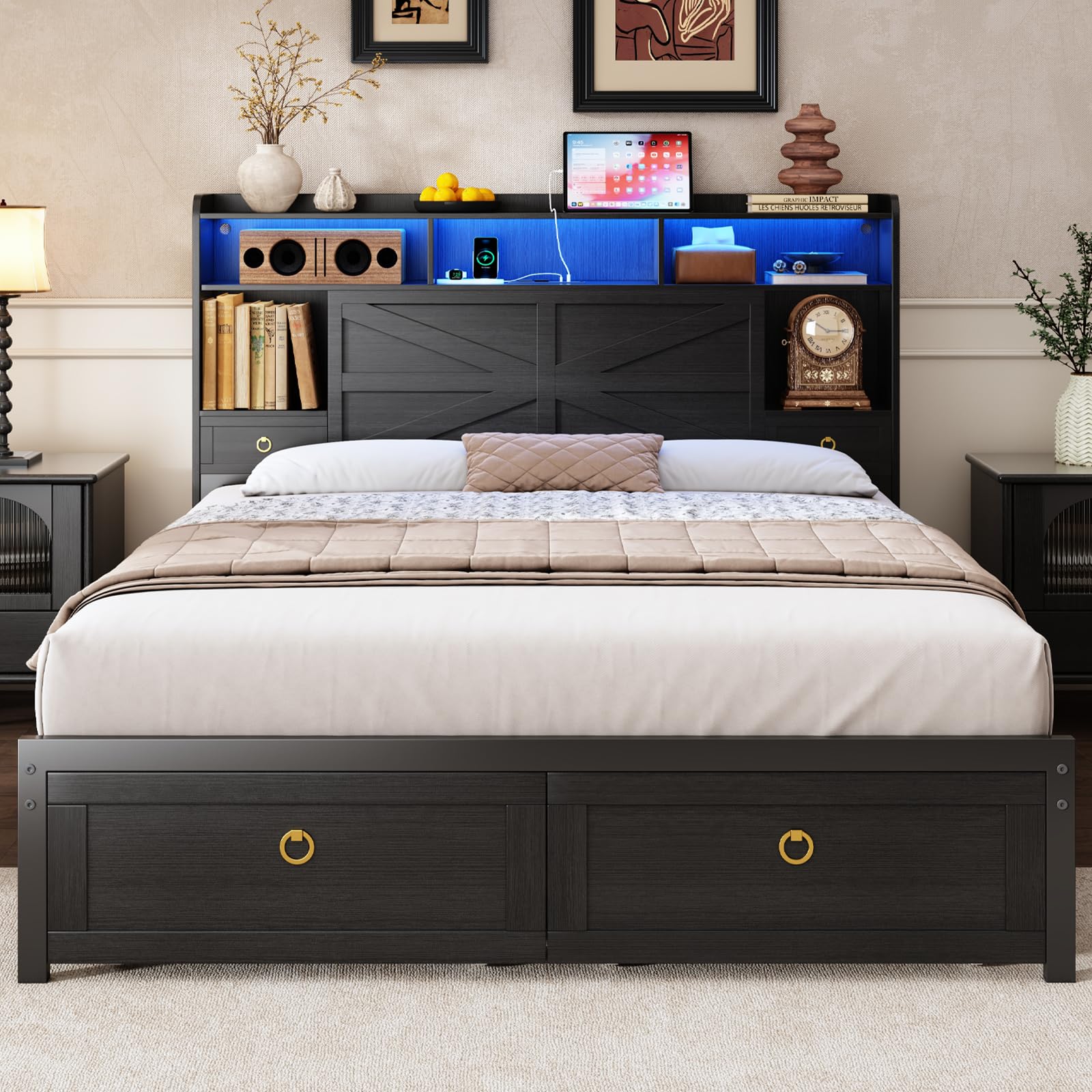 TIGUBFRE Queen Bed Frame with Storage Headboard, LED Light, Charging Station, and Drawers